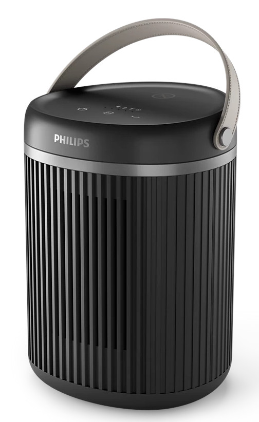 Czarny cylindryczny głośnik z szarym uchwytem. Pionowe żebra biegną wokół korpusu. Widoczne logo Philips.