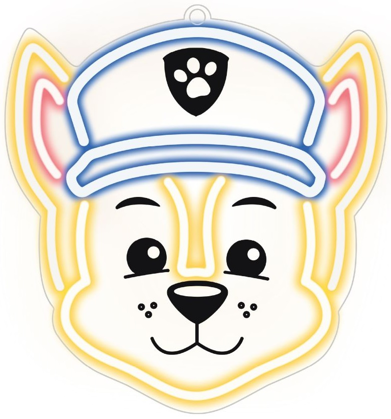 Neonowa postać psa z Psiego Patrolu z niebieskim kapeluszem. Żółto-biały kontur.