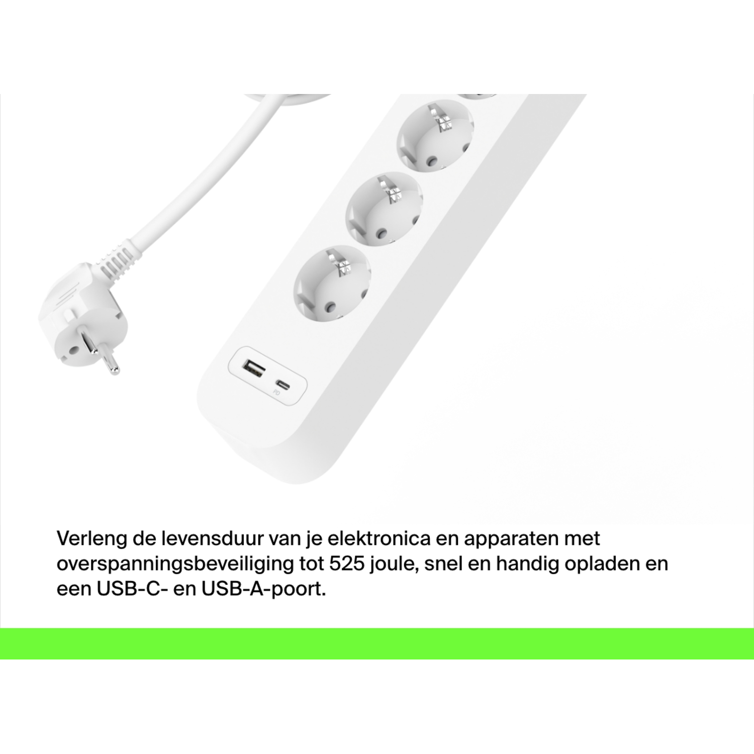 Wit stekkerblok met 3 stopcontacten, 2 USB-poorten en een witte kabel.