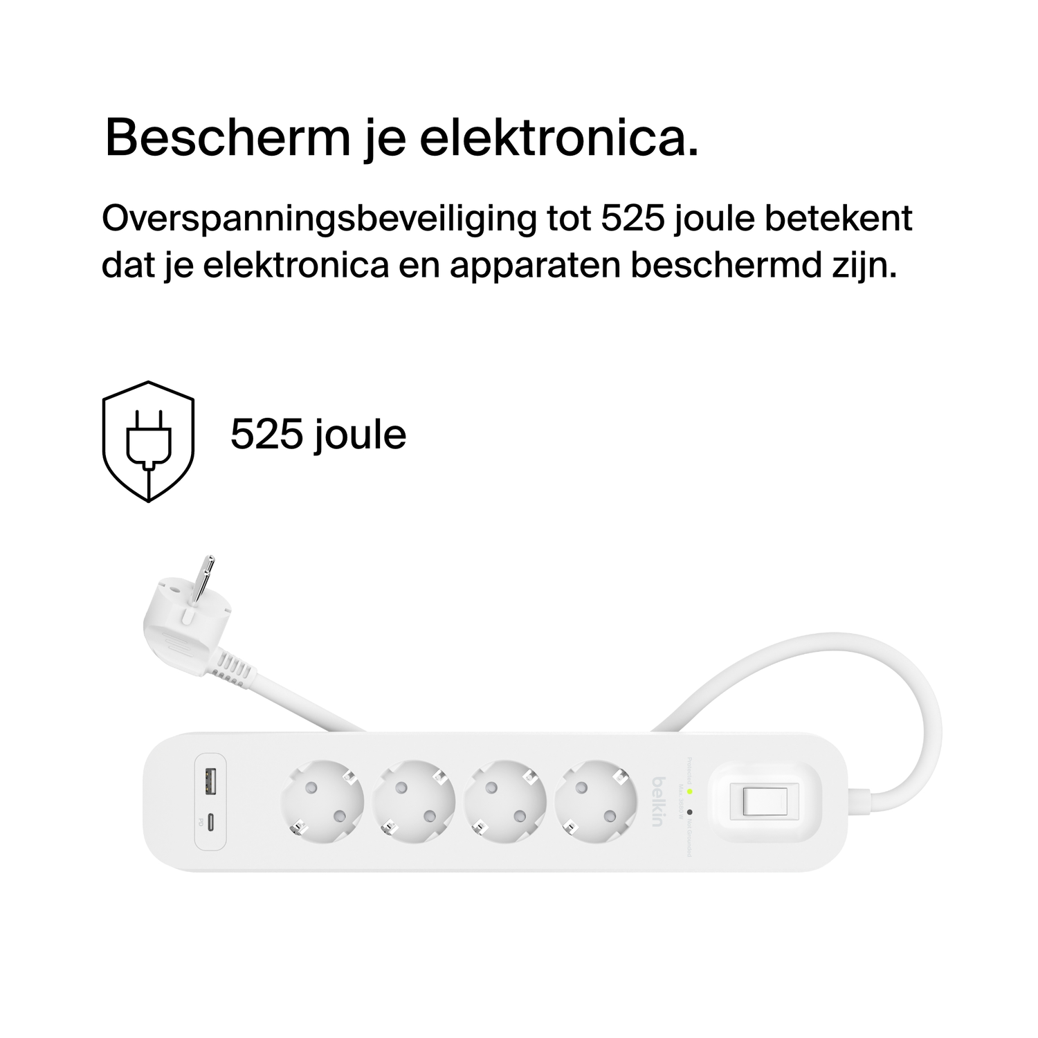 Witte stekkerdoos met meerdere stopcontacten en een schakelaar, tekst legt overspanningsbeveiliging uit.