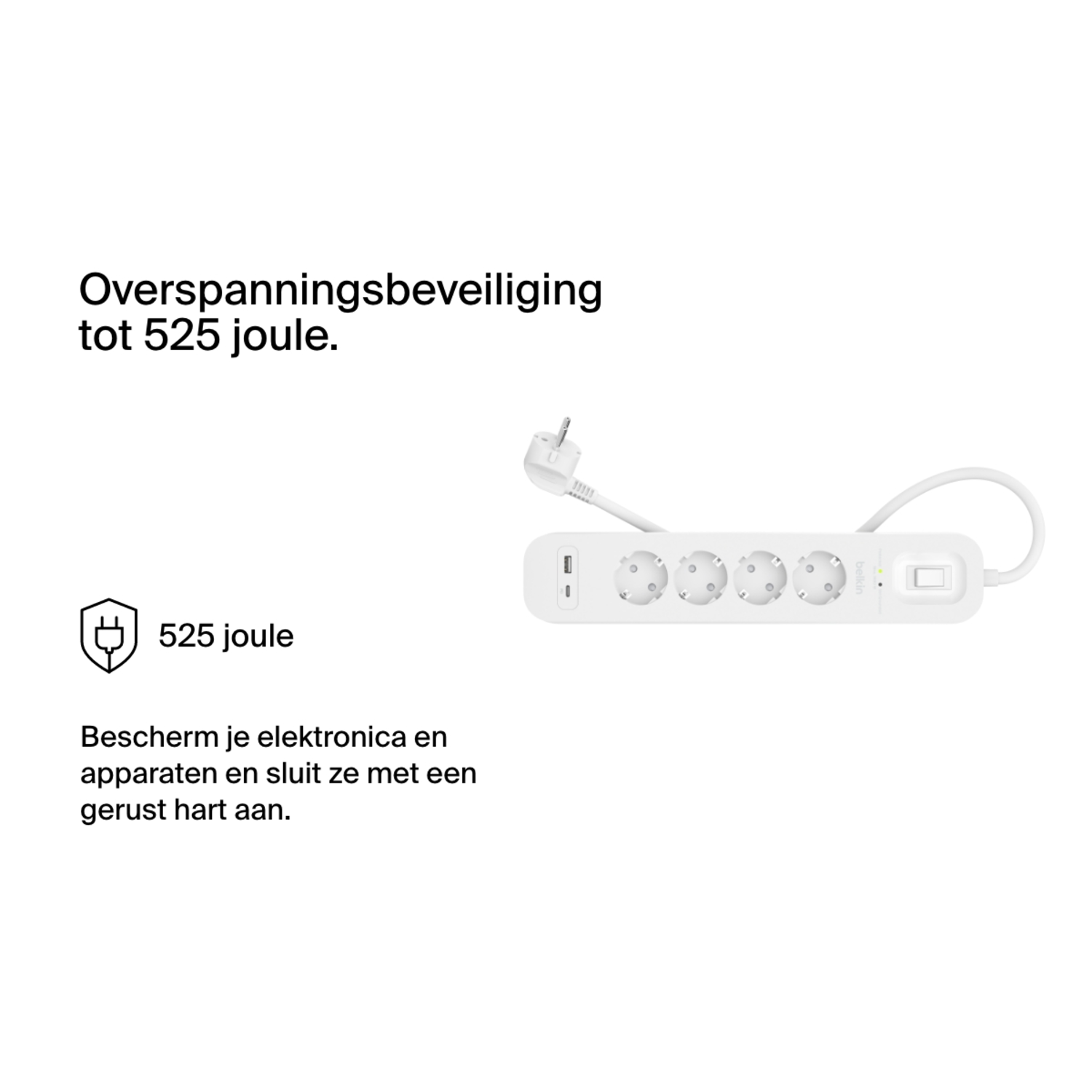 Witte stekkerdoos met meerdere stopcontacten, een USB-poort en een schakelaar met de tekst '525 joule'.