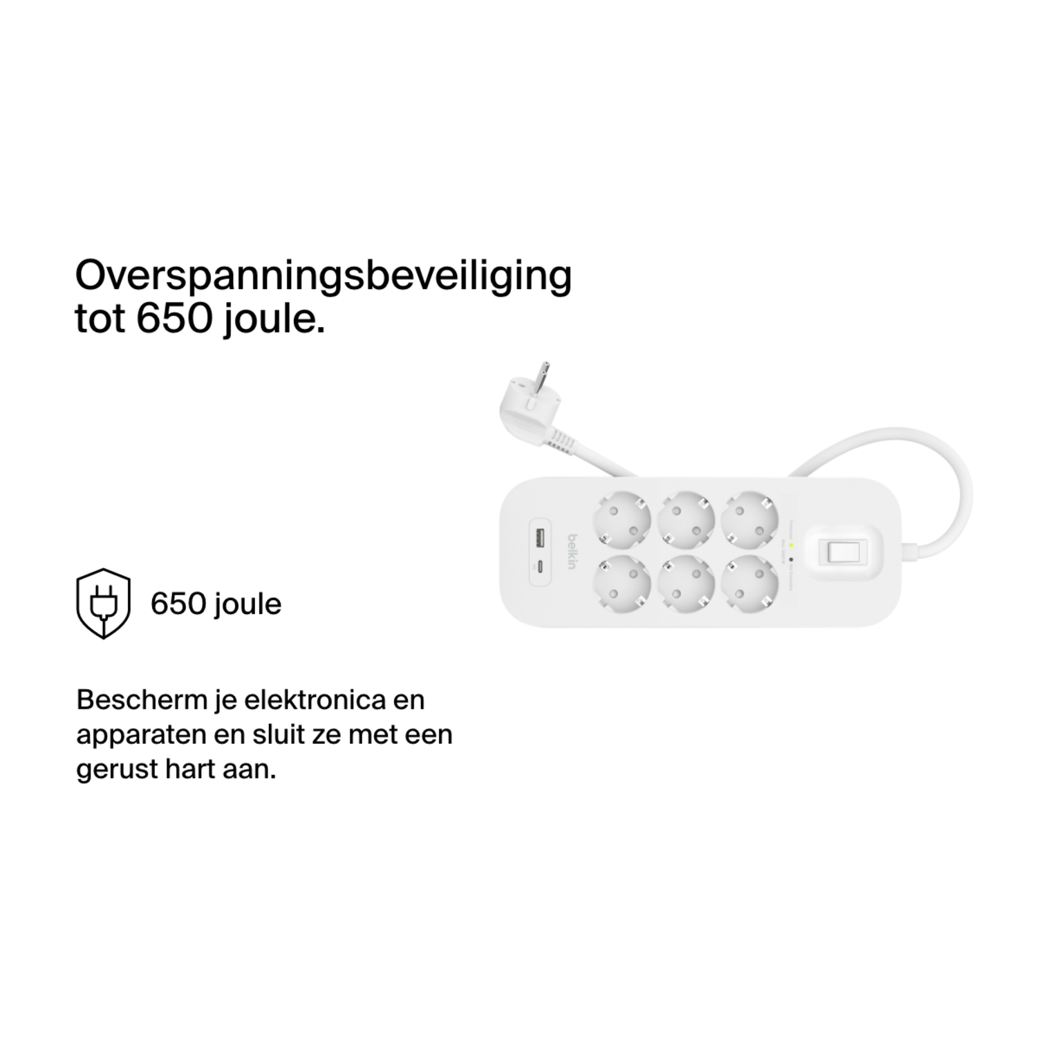 Witte stekkerdoos met zes stopcontacten en een stekker. Tekst geeft 650 joule overspanningsbeveiliging aan.