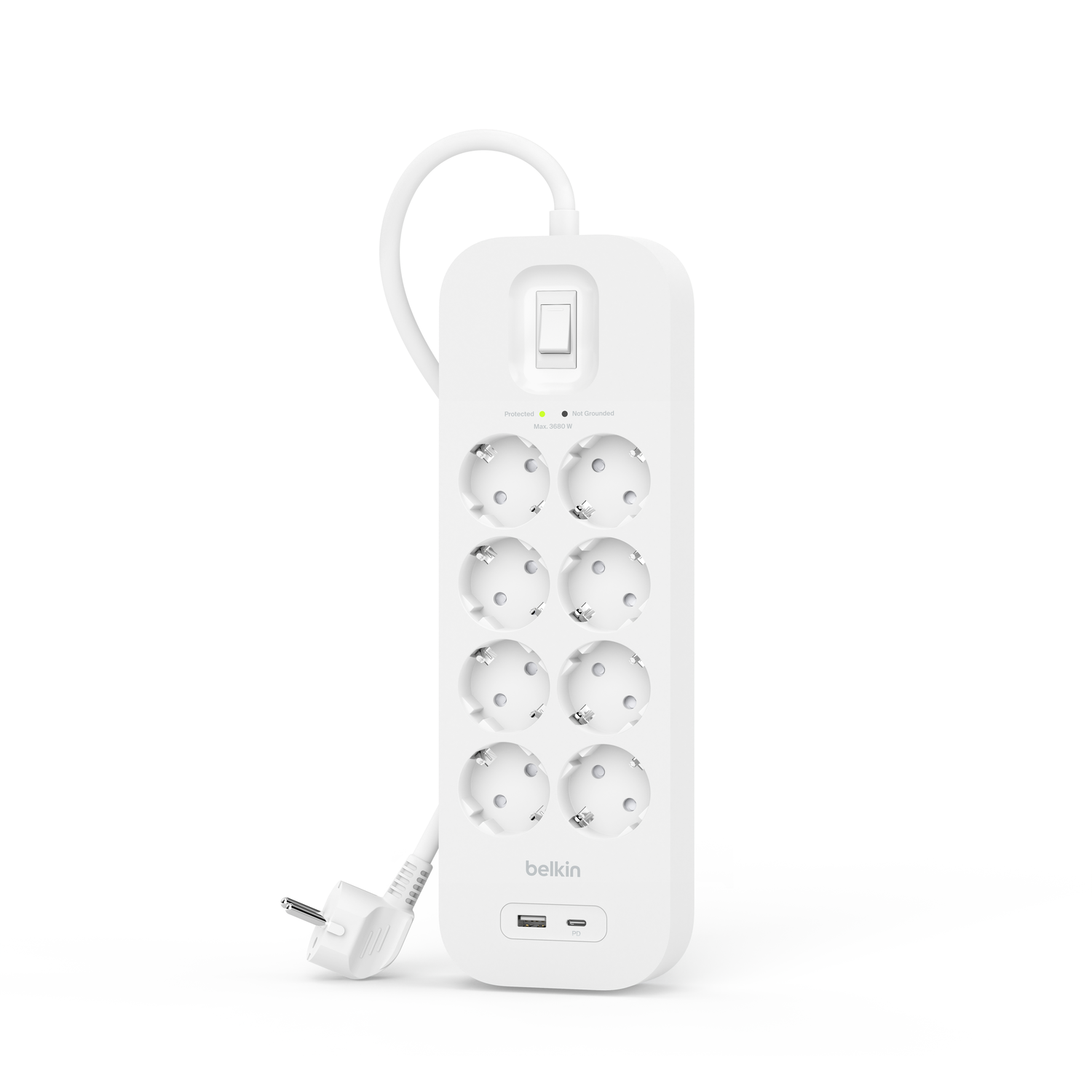 Witte stekkerdoos met 8 stopcontacten, schakelaar en Belkin-logo.