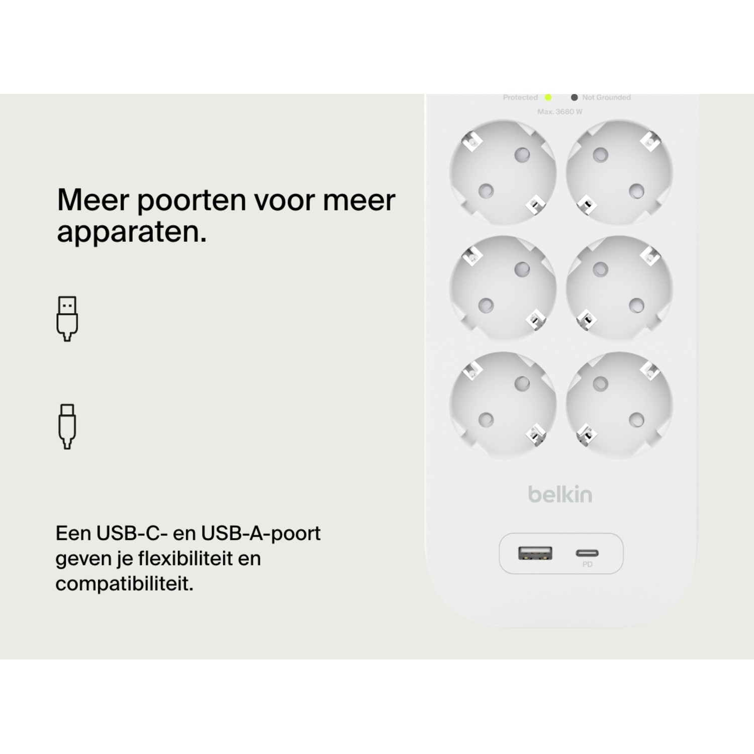 Witte stekkerdoos met meerdere stopcontacten en USB-poorten.