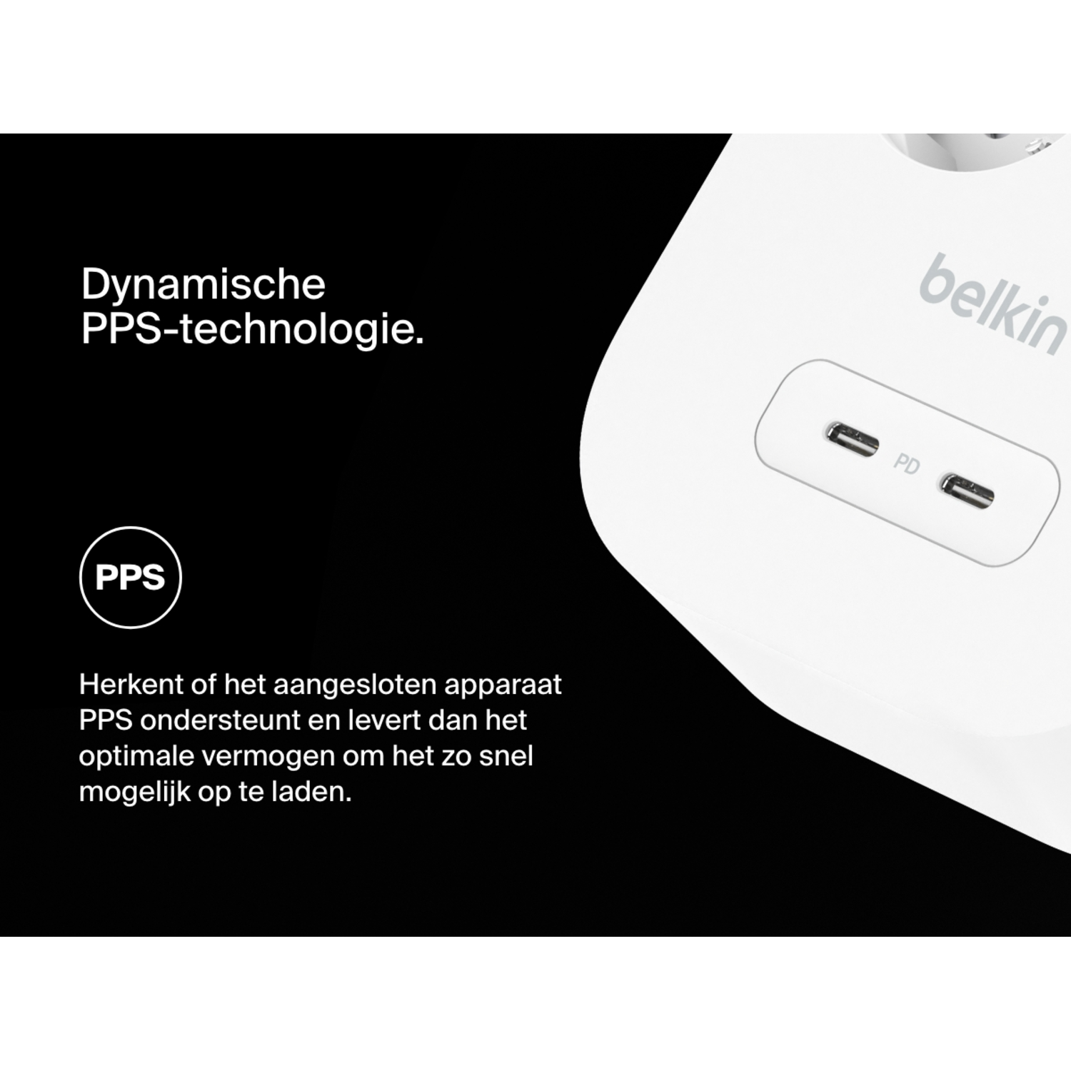 Witte Belkin-oplader met twee USB-C-poorten en tekst over dynamische PPS-technologie.