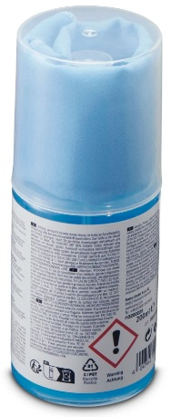 Niebieski aerozol z białą nakrętką. Tył puszki ma tekst i ostrzeżenia dotyczące bezpieczeństwa.