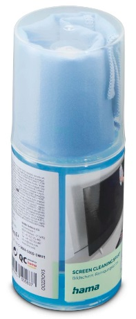Puszka sprayu do czyszczenia ekranów z niebieską ściereczką na górze, z napisem 'Screen Cleaning Spray'.