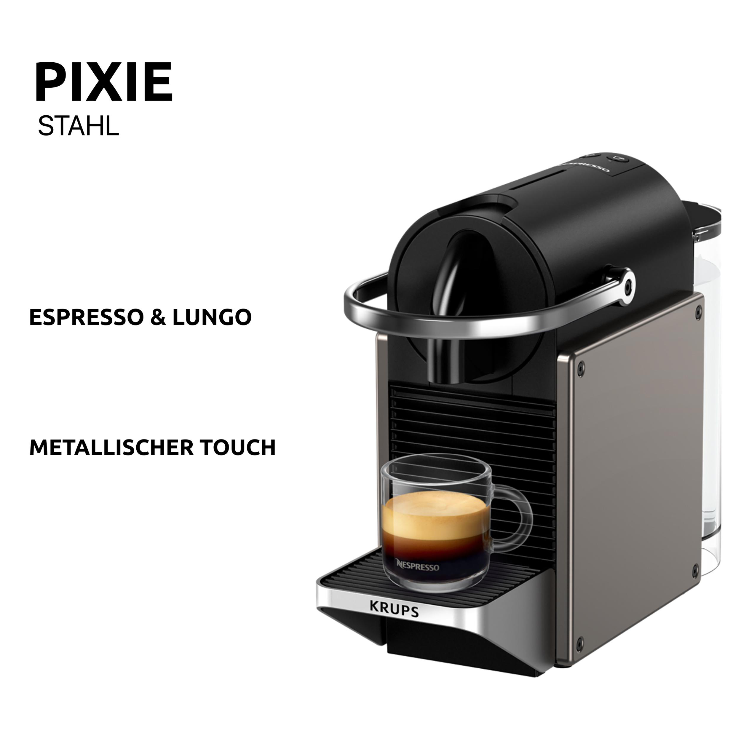 Schwarz-silberne Kaffeemaschine mit einer Glastasse und Text: PIXIE STAHL, ESPRESSO & LUNGO.