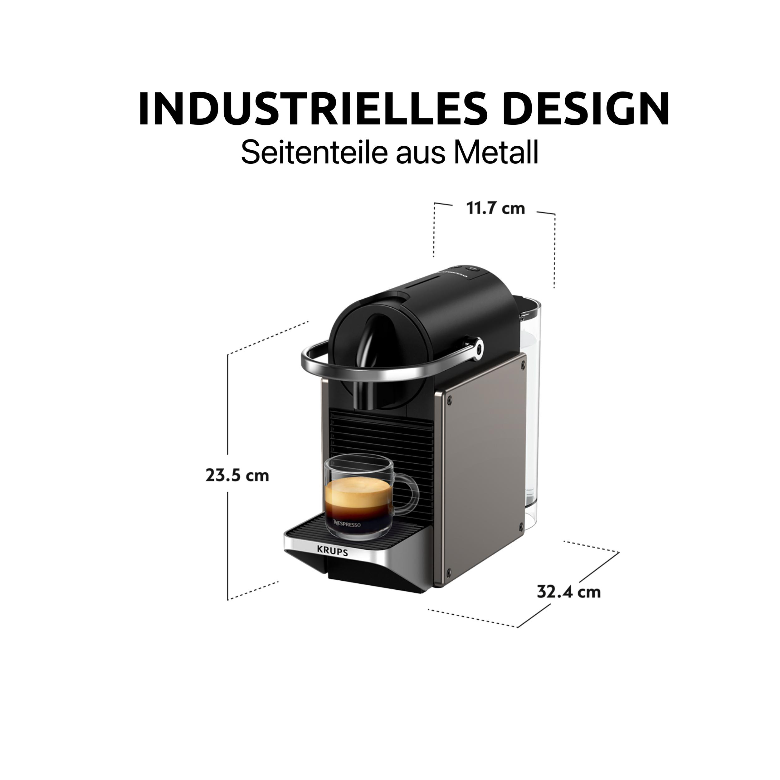 Eine Espressomaschine. Sie ist schwarz und grau. Die Abmessungen werden mit Linien und Zahlen angezeigt.