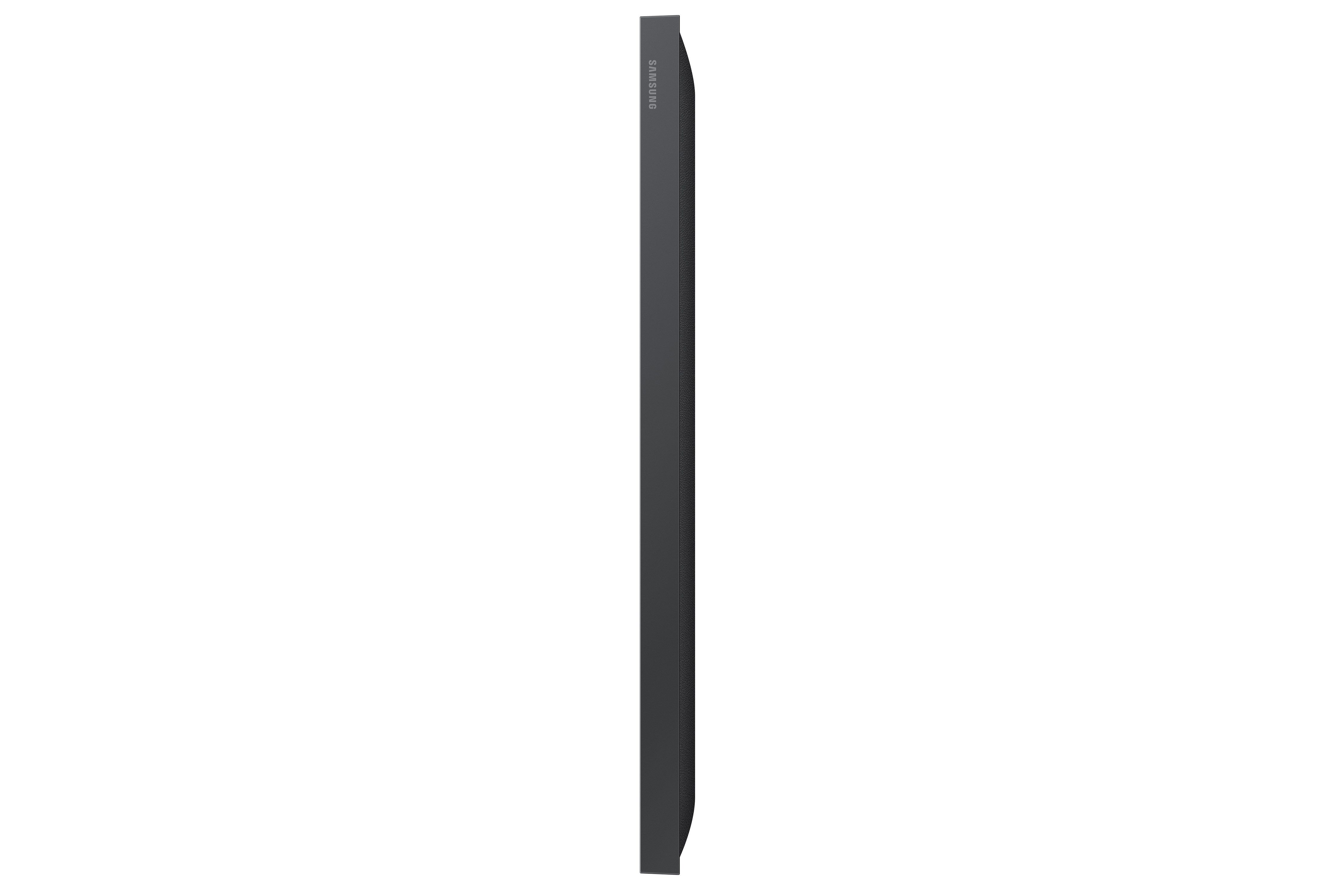 Vista lateral negra de una pantalla delgada y rectangular con el logotipo de Samsung.
