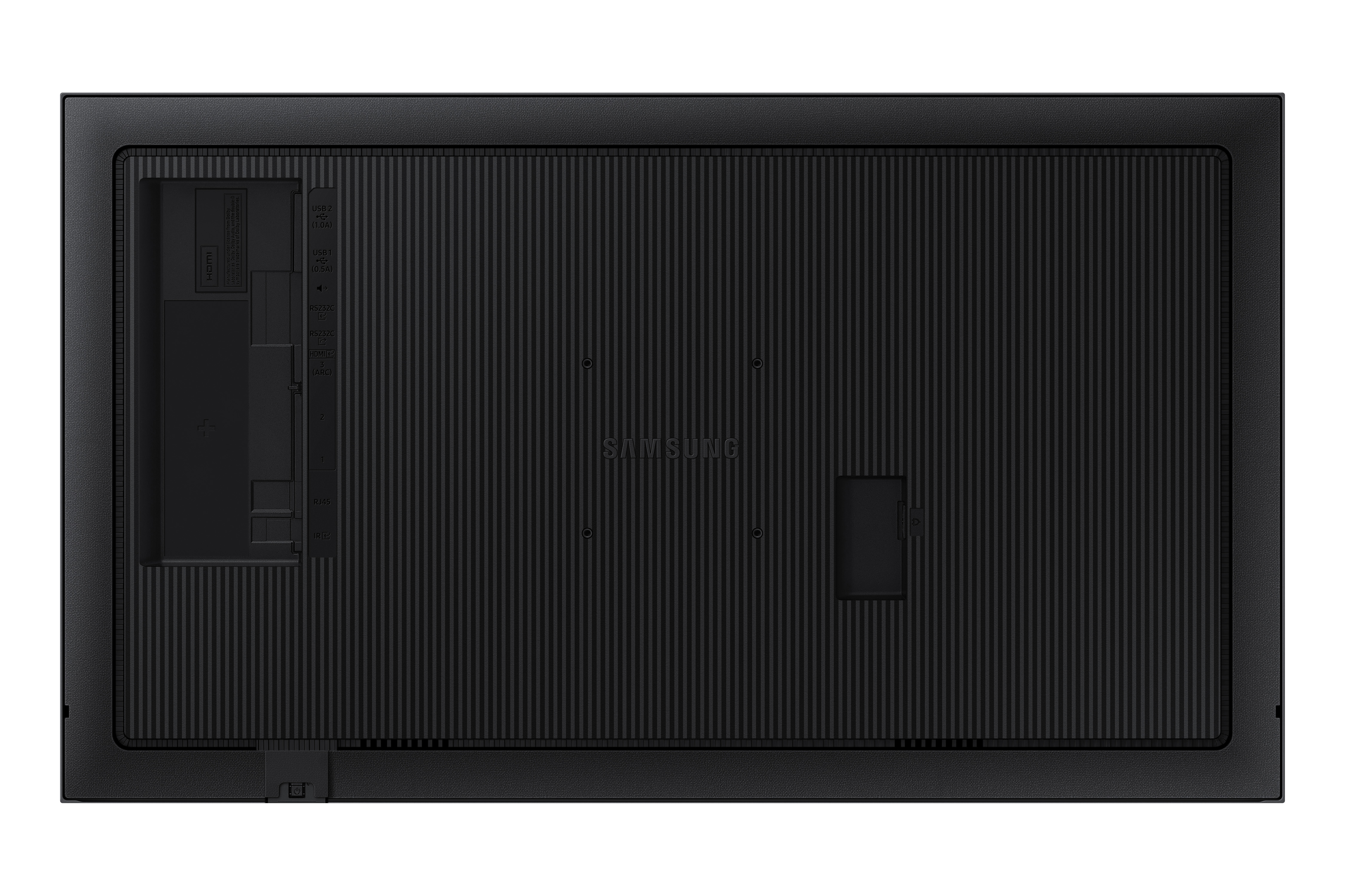 Vista trasera de un televisor Samsung negro con puertos.