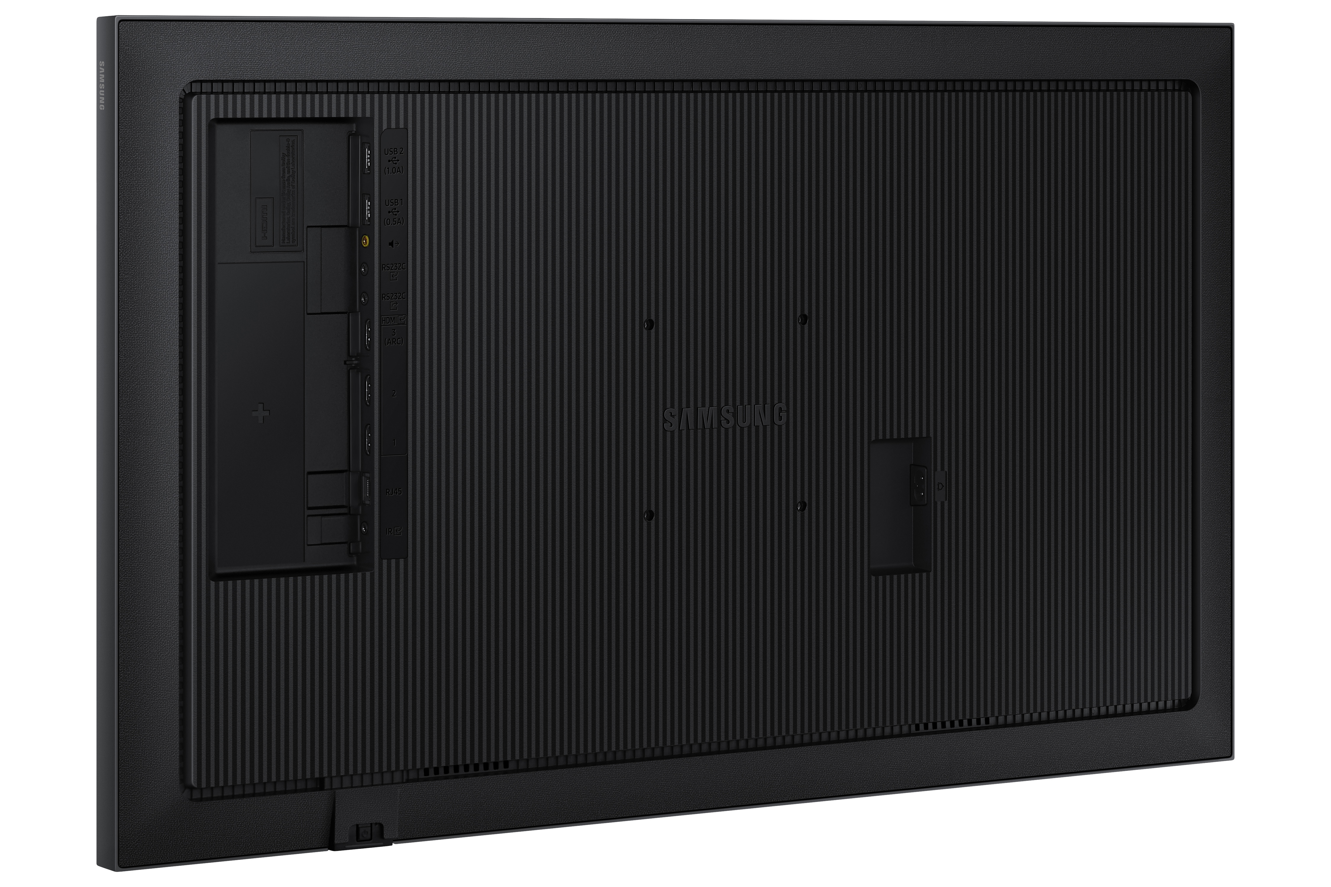 Panel trasero de TV negro con puertos y logo Samsung. Superficie texturizada. Puertos incluyen USB, HDMI, y otros.