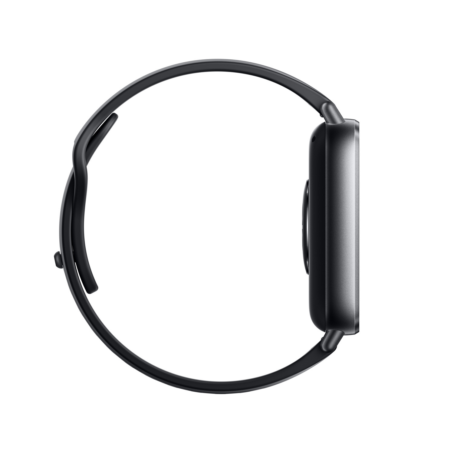 Een zwarte smartwatch met een bandje, zijaanzicht. De band is aan het horloge bevestigd.