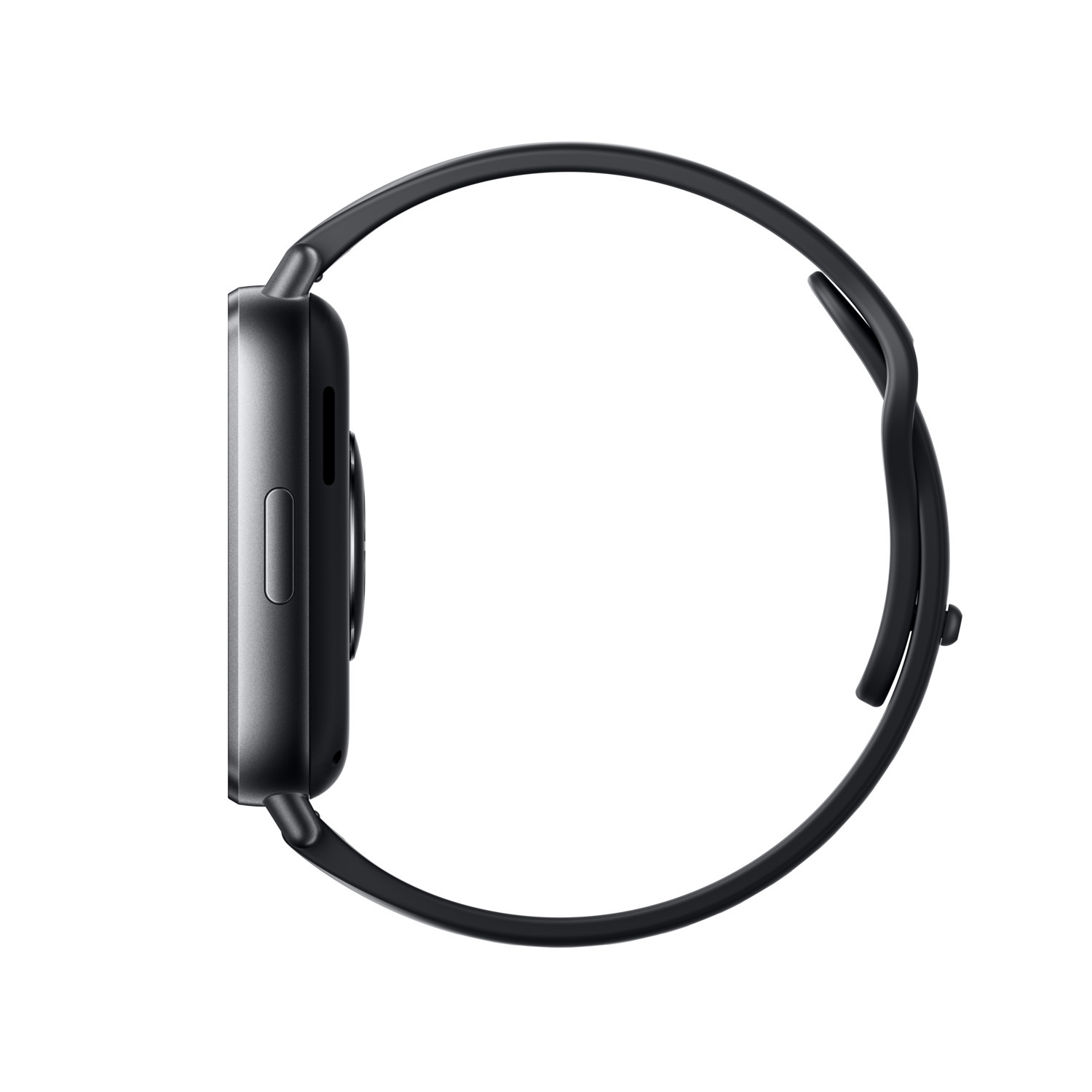 Zijaanzicht van een zwarte smartwatch met een gebogen band, met de behuizing en de band.