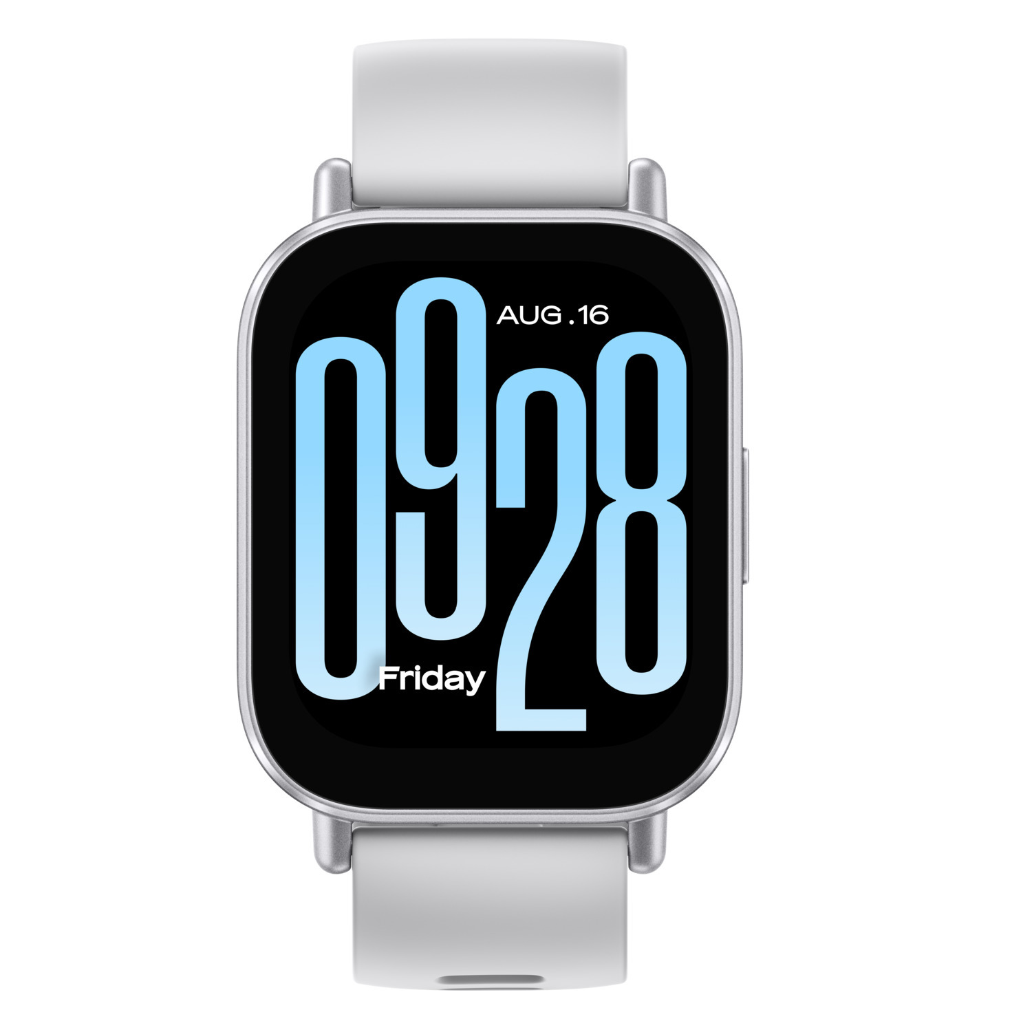 White smartwatch with a rectangular screen displaying the time and date on a white background.
