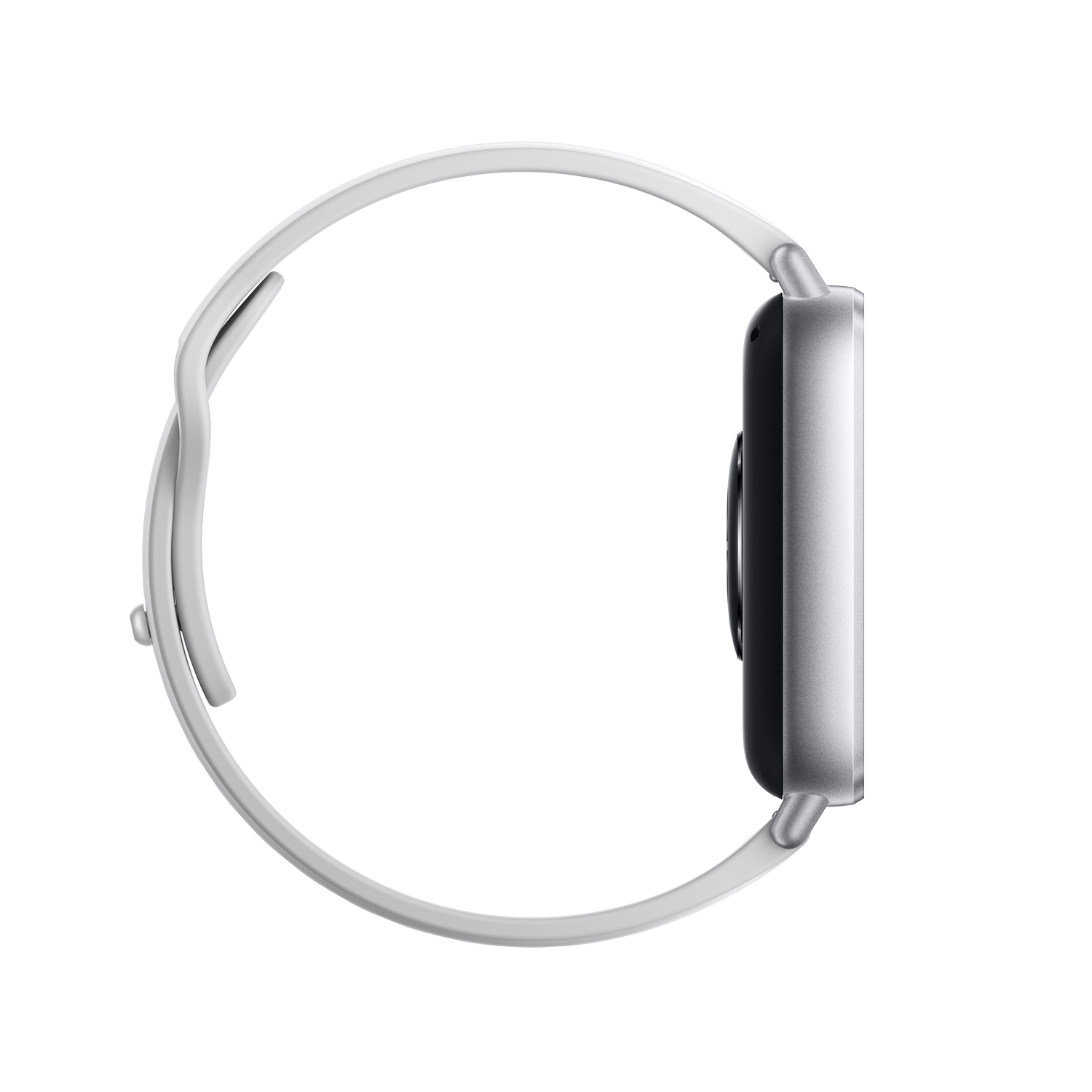Side view of a white smartwatch with white band. Display is black.