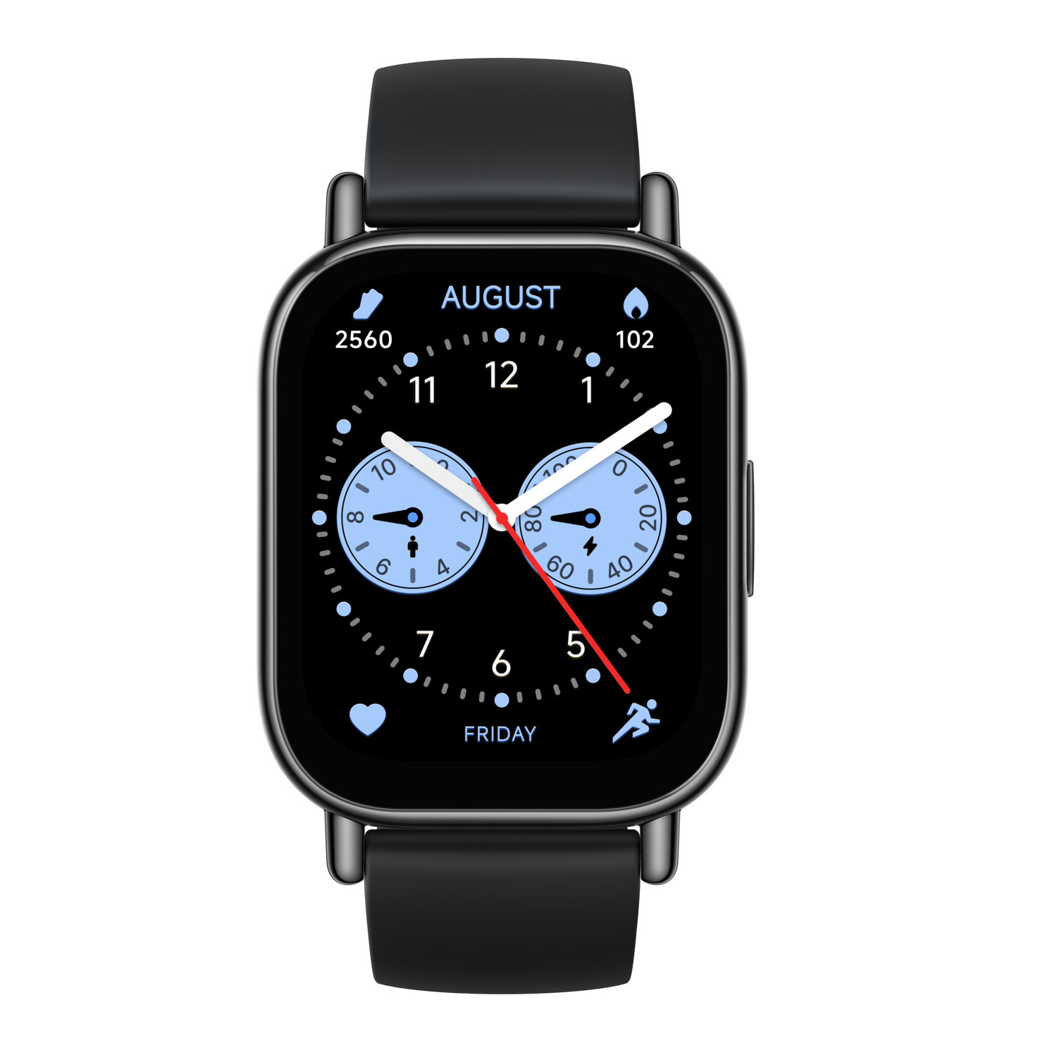 Une montre intelligente noire avec un écran carré, affichant un cadran et des indicateurs de santé.