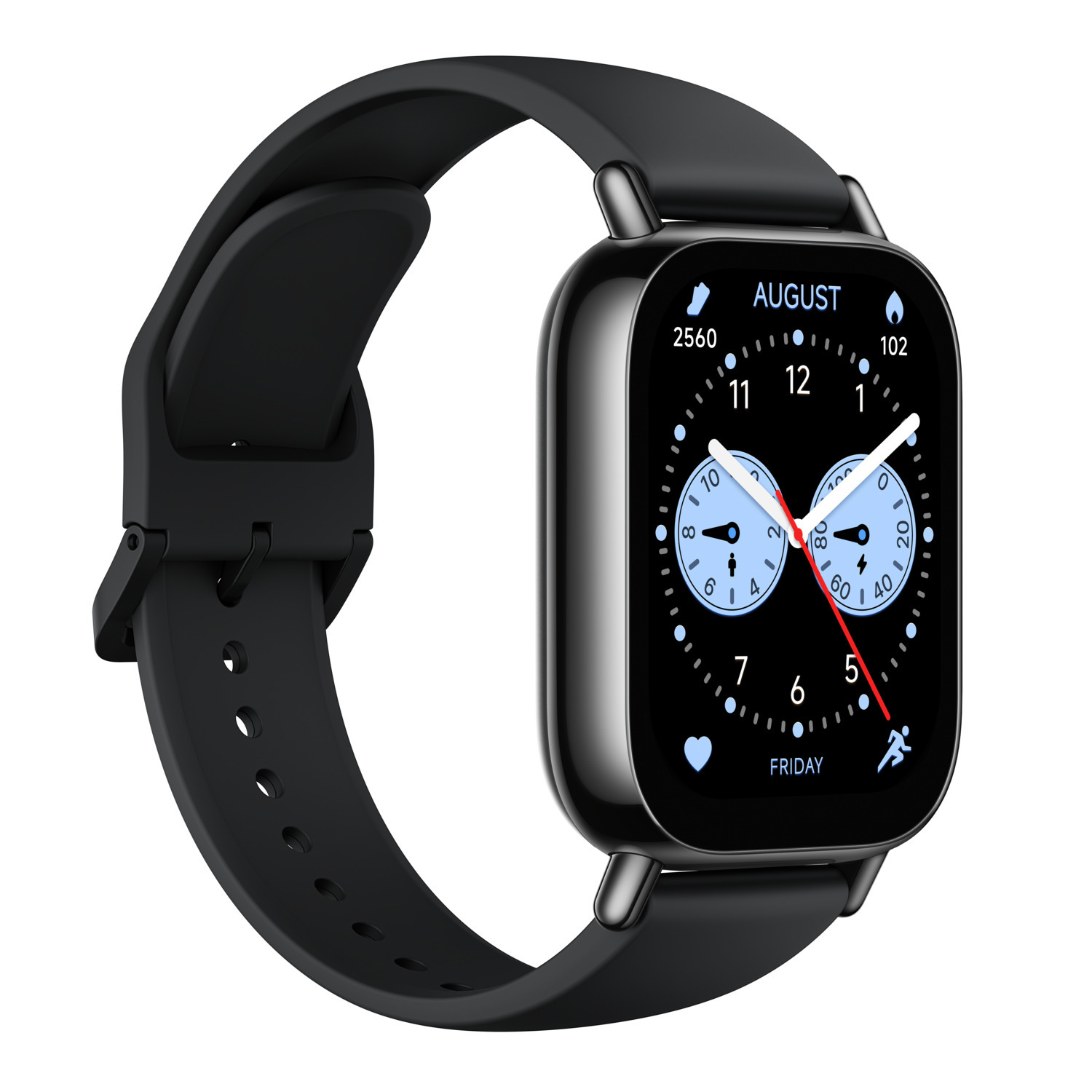 Une smartwatch noire avec un bracelet noir affichant l'heure.