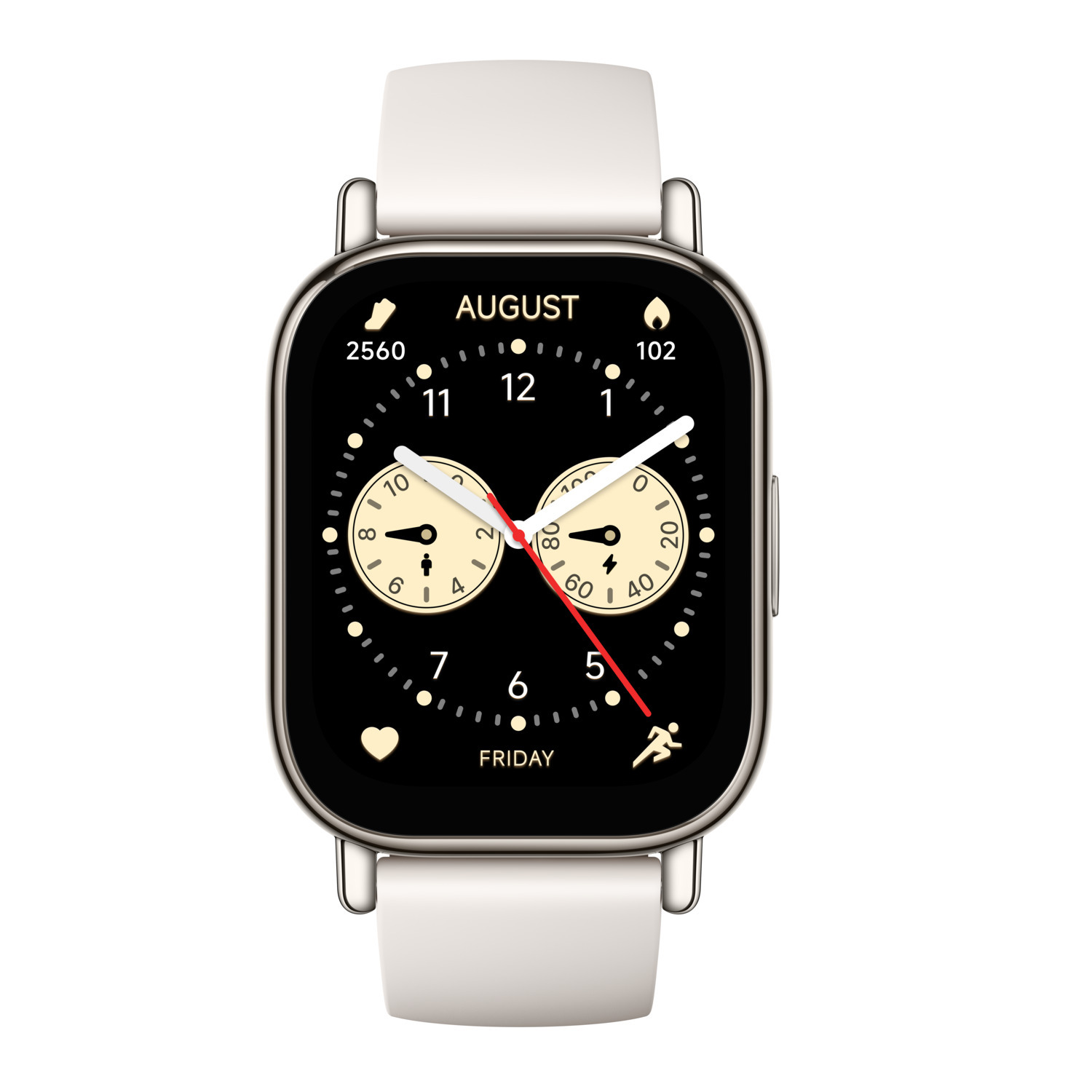 Smartwatch met witte band, zwarte wijzerplaat en het woord AUGUST. Elegant.