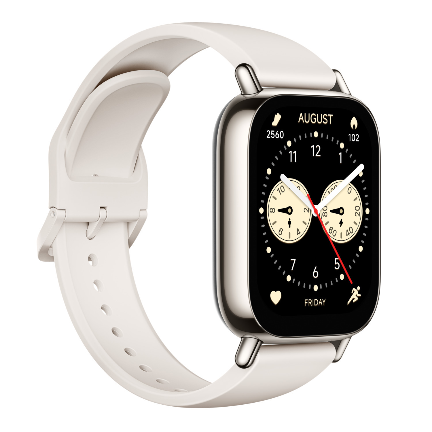 Een witte smartwatch met een witte band. Het scherm toont een klok met wijzers en cijfers.