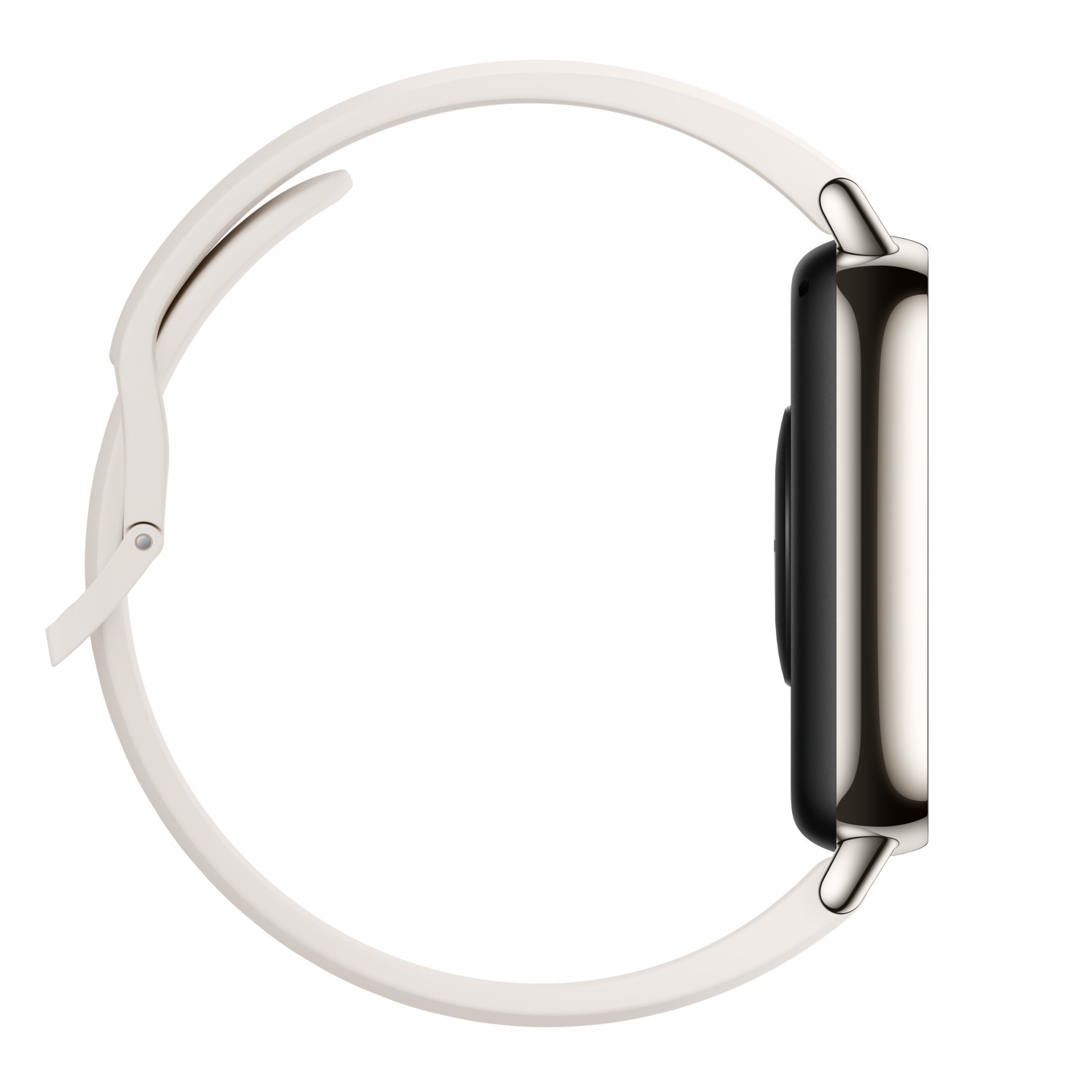 Een zijaanzicht van een smartwatch met een witte band, een zwart scherm en een zilveren kast. De band is open.