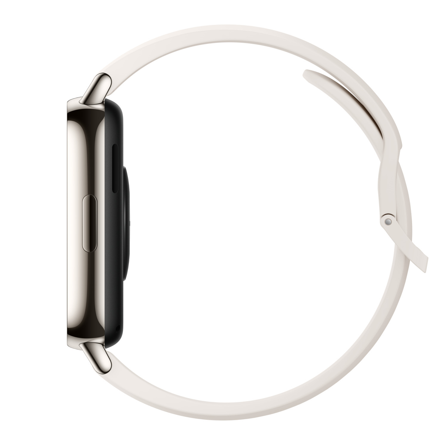 Smartwatch met witte band en zwart scherm, zijaanzicht, op een witte achtergrond.