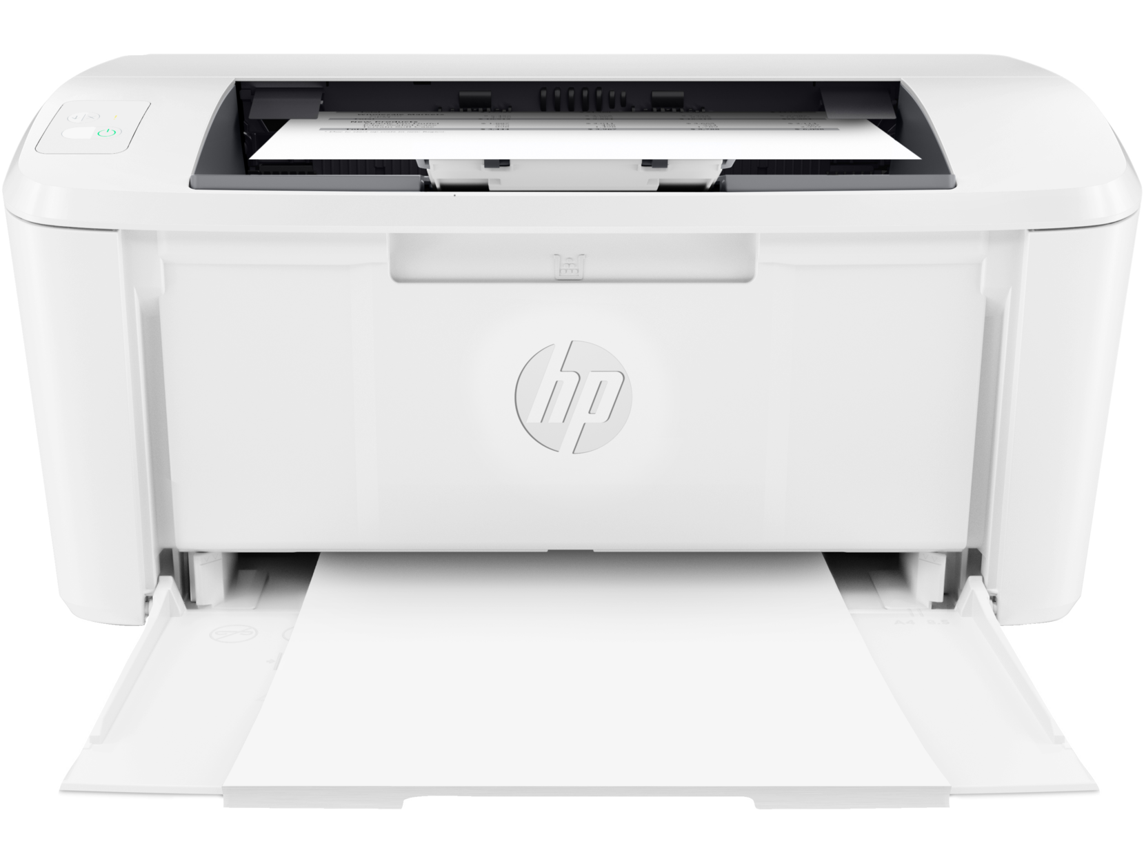 Beyaz bir HP yazıcı, çıkış tepsisinde kağıtla.