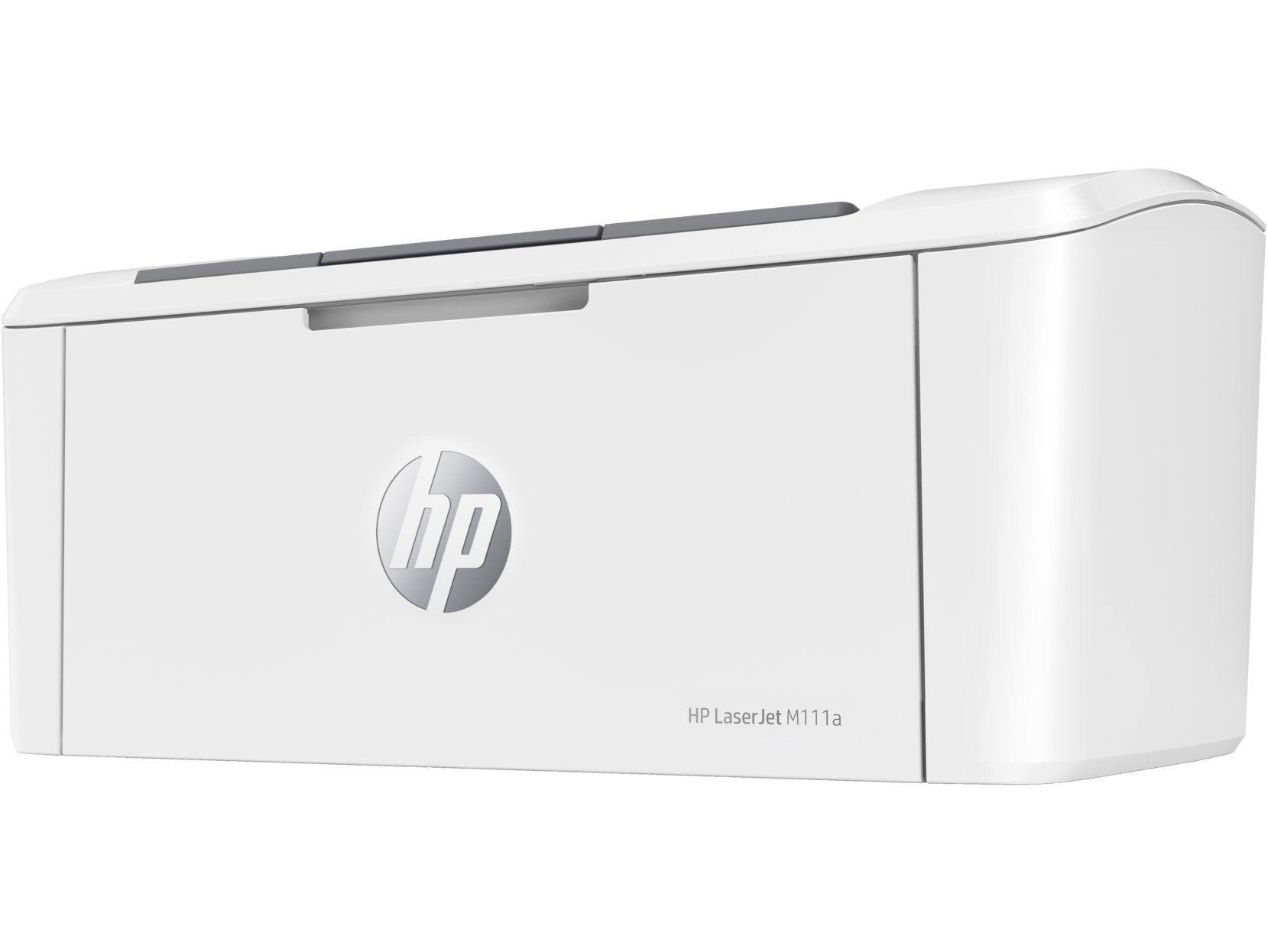 Beyaz HP LaserJet M111a lazer yazıcı, açılı ön görünüm.