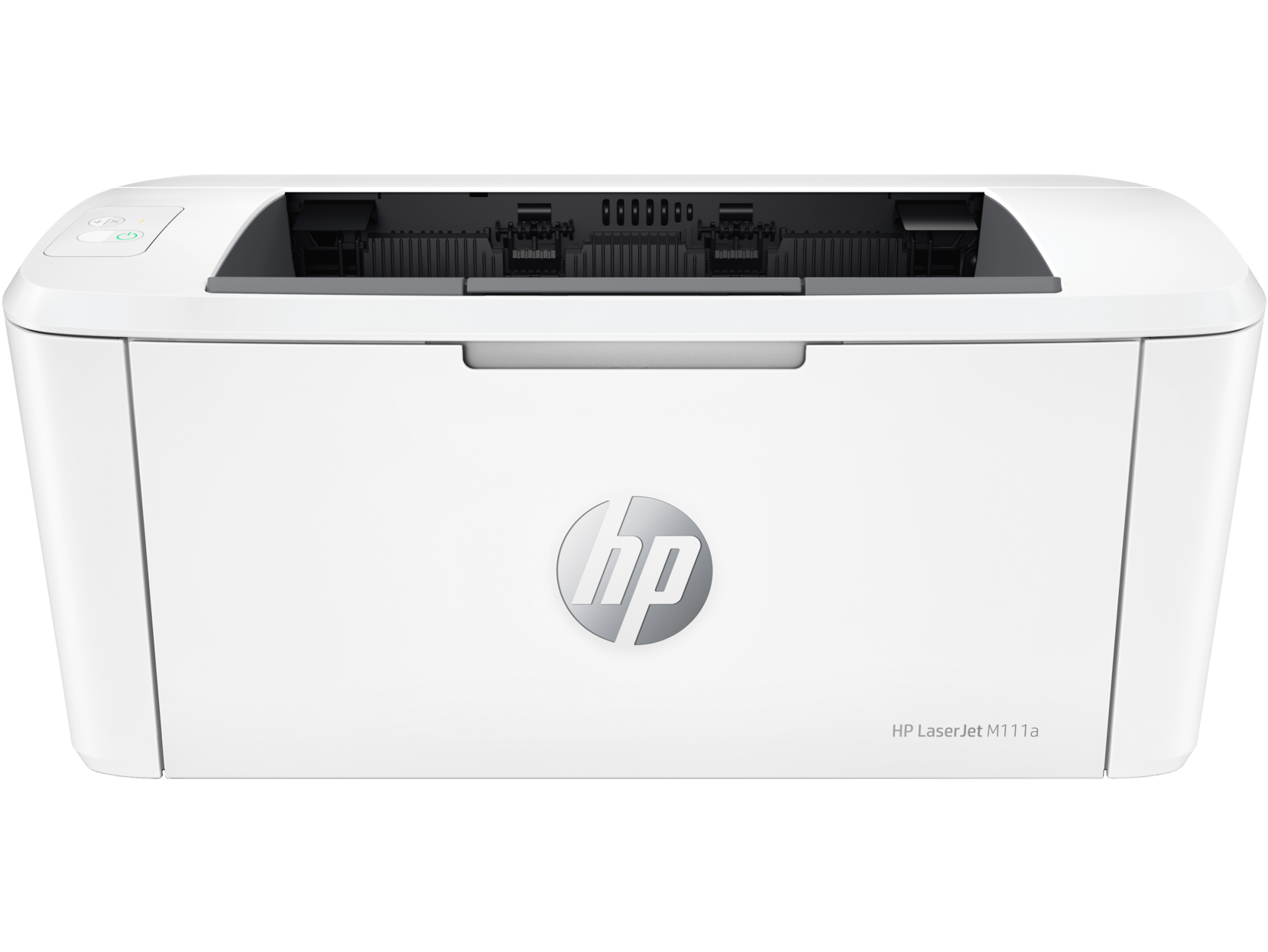 Beyaz HP LaserJet M111a yazıcı, önden görünüm. Yazıcının üstü düz, HP logosu ortalanmış.