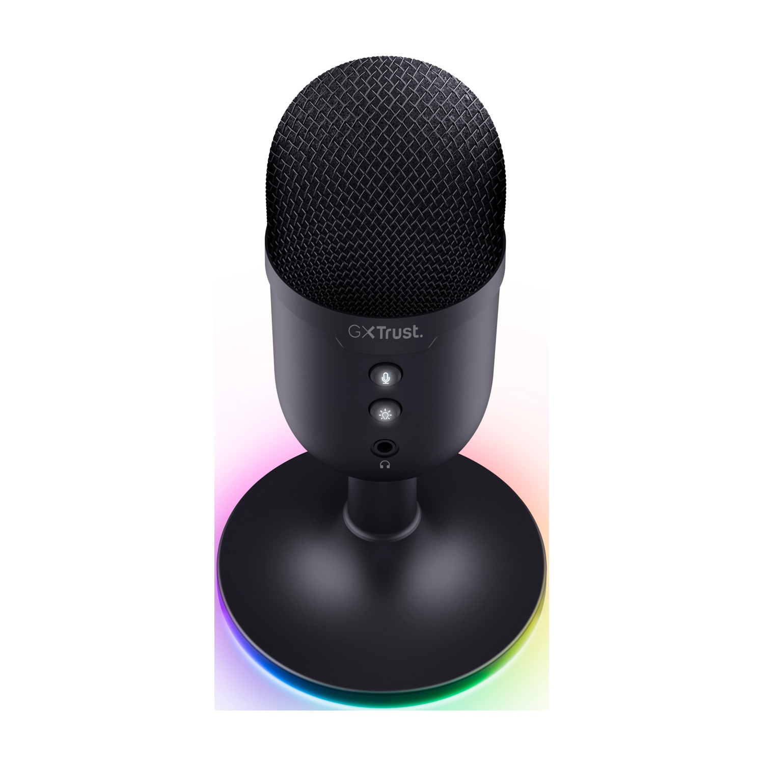 Microfono nero su supporto con base colorata, vista dall'alto, sfondo bianco.
