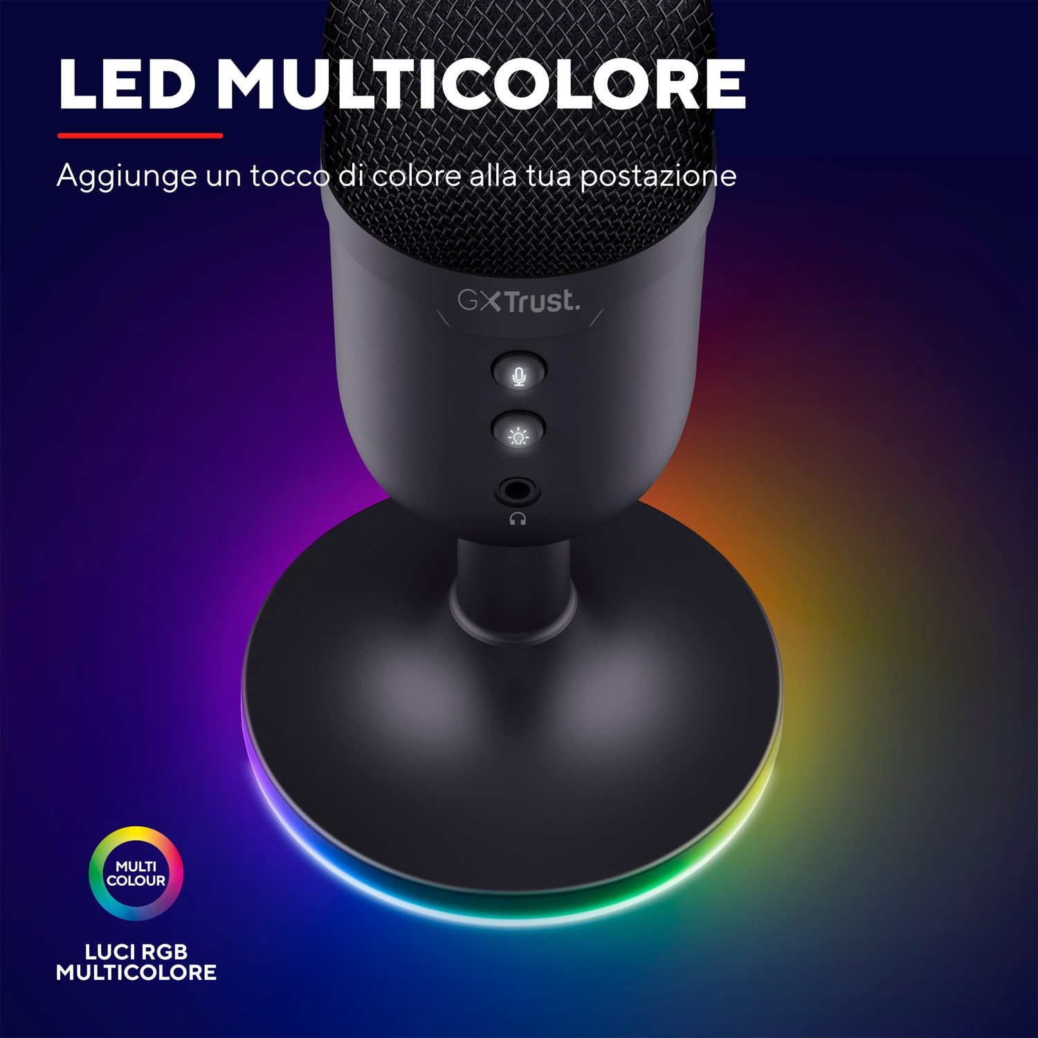 Un microfono nero con una base LED colorata. La base ha un arcobaleno di colori.