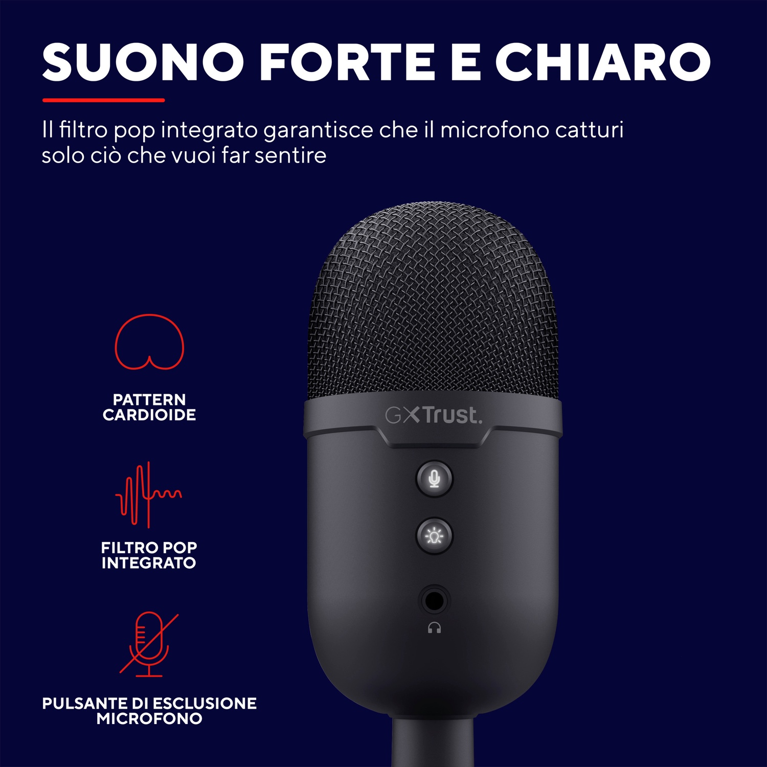 Microfono nero con pulsanti e filtro antipop, con testo italiano.