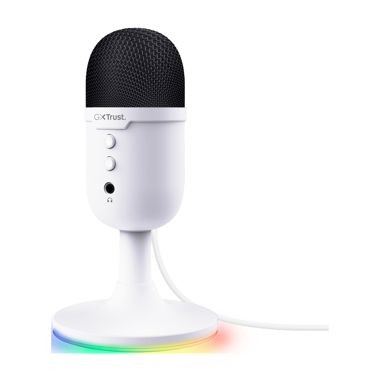 Un microfono bianco con un supporto e una base colorata.