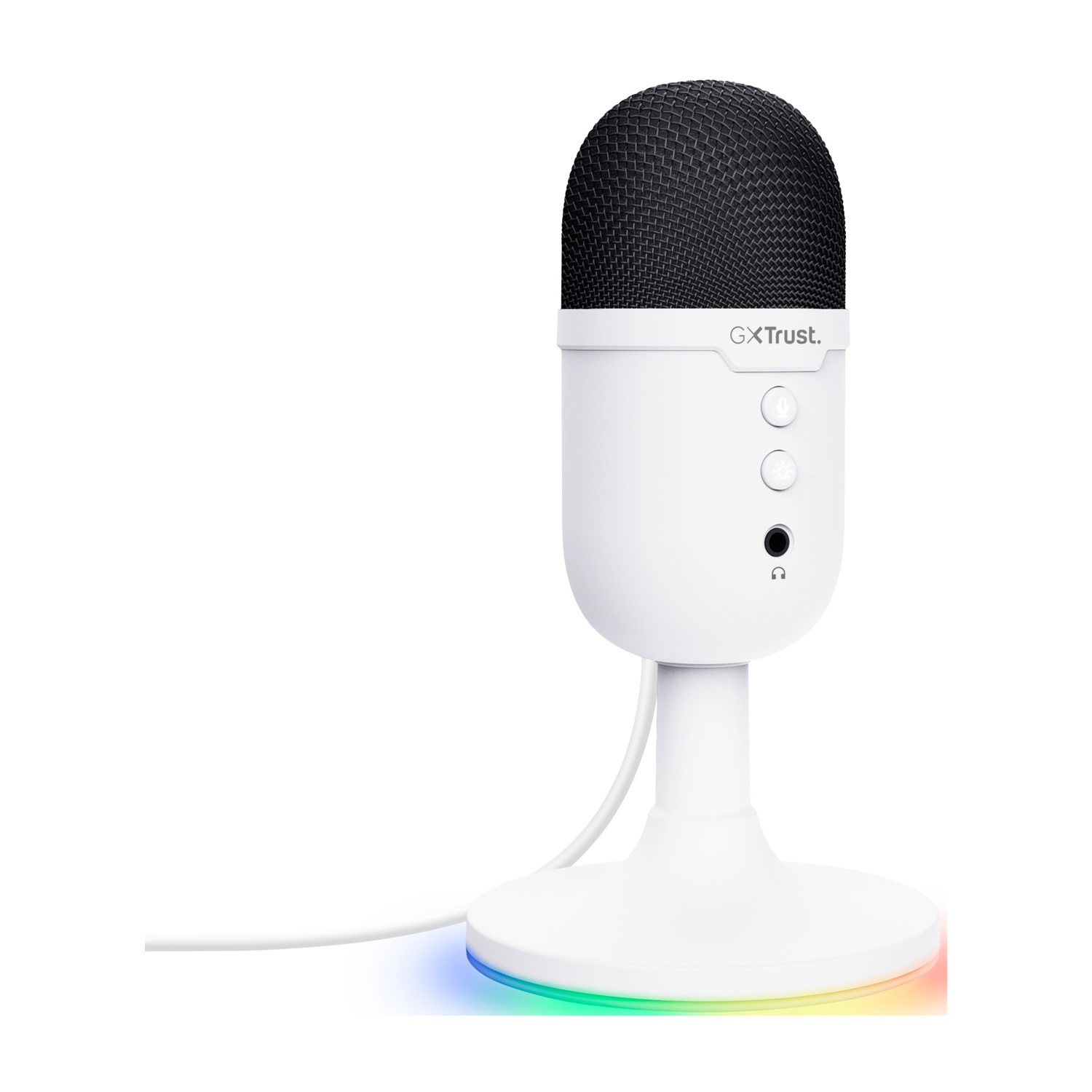 Un microfono Trust bianco con una parte superiore in rete nera, su un supporto bianco.