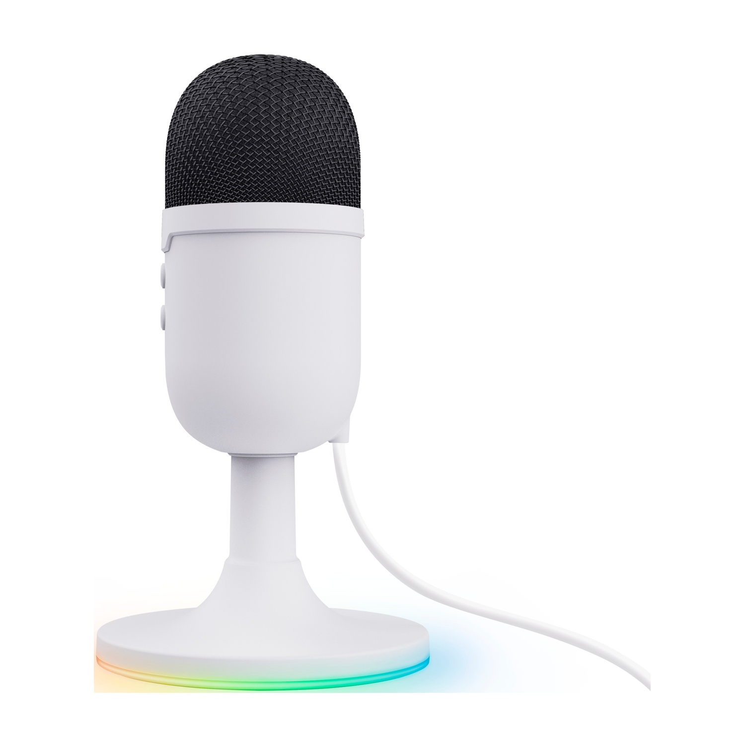 Microfono USB bianco con parte superiore in rete nera, su supporto bianco con LED colorati.