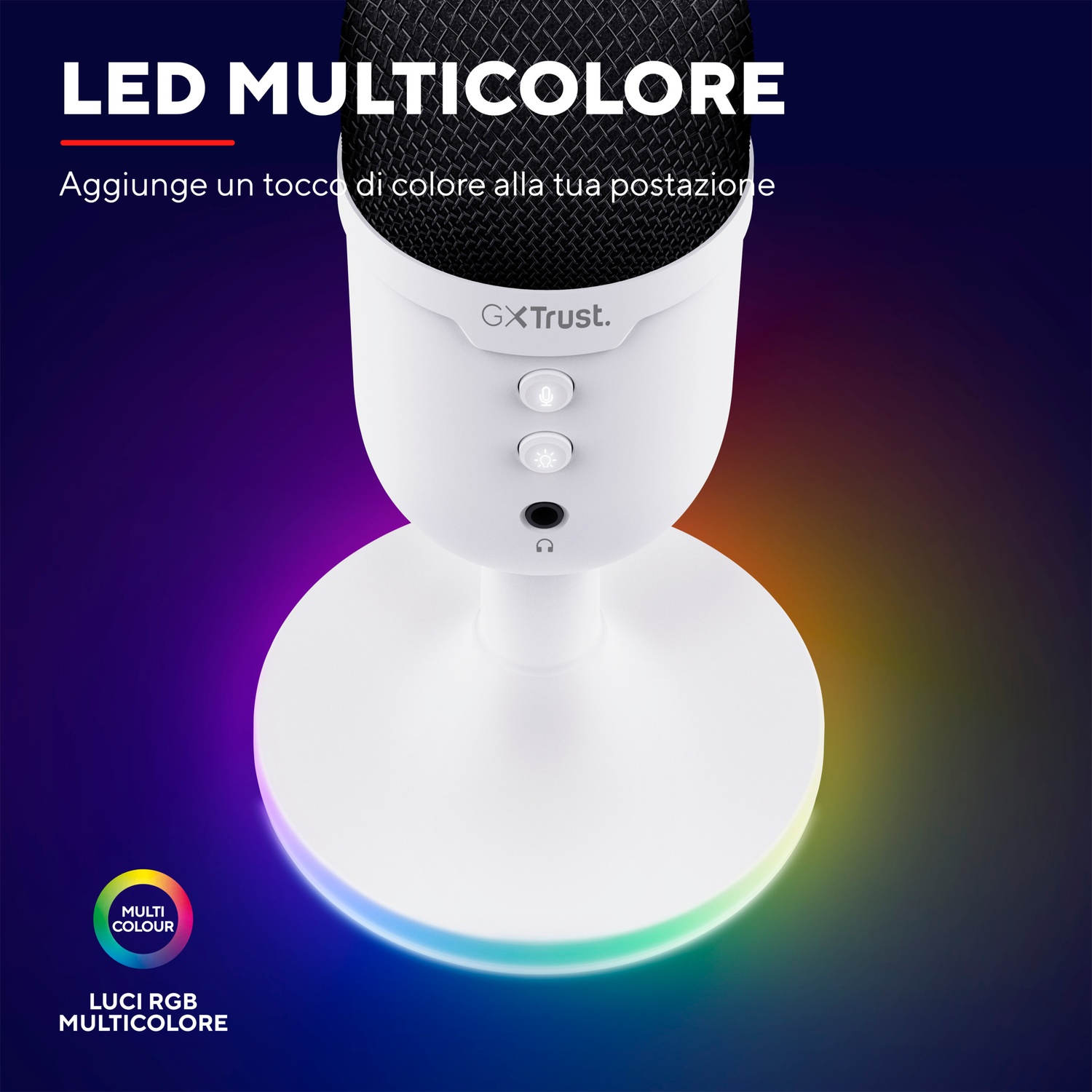 Microfono da gioco bianco con base LED RGB. Lo sfondo è un gradiente viola e blu.