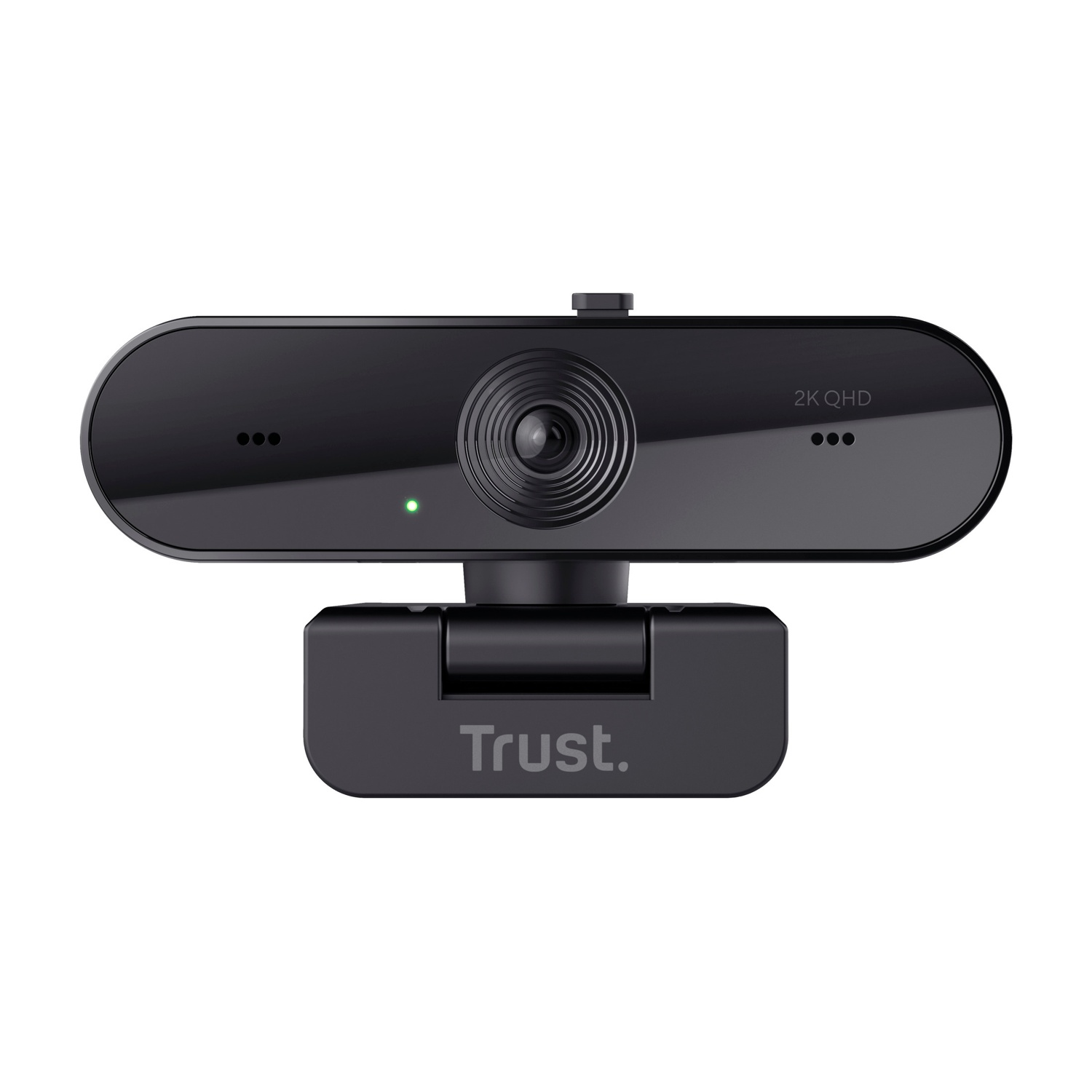 Webcam nera con logo Trust. Risoluzione 2K QHD e una luce verde.