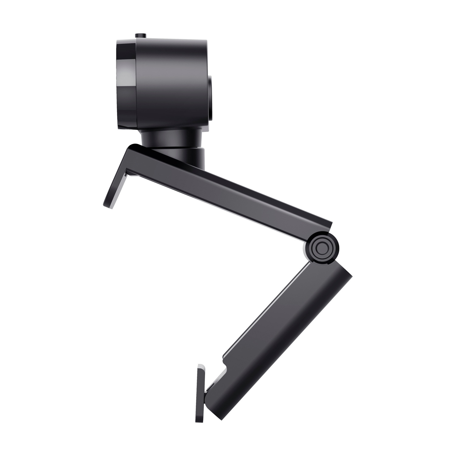 Webcam nera. Supporto a braccio regolabile. Isolato su sfondo bianco.