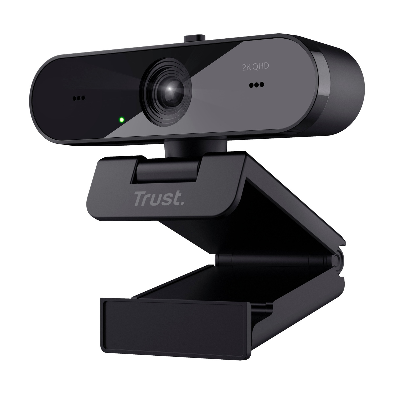 Una webcam nera con supporto pieghevole e spia verde.