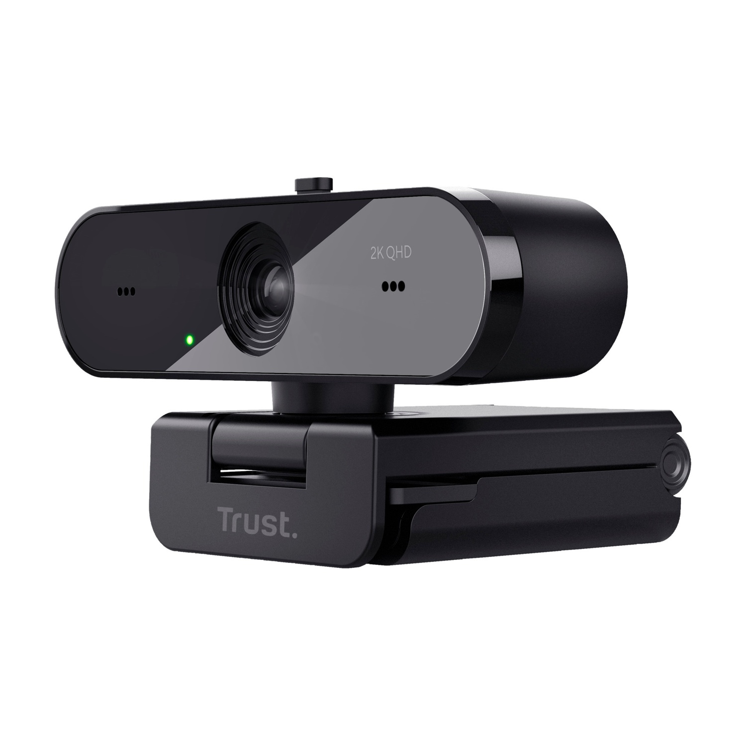 Webcam nera con 2K QHD. Ha una luce verde e la parola Trust.