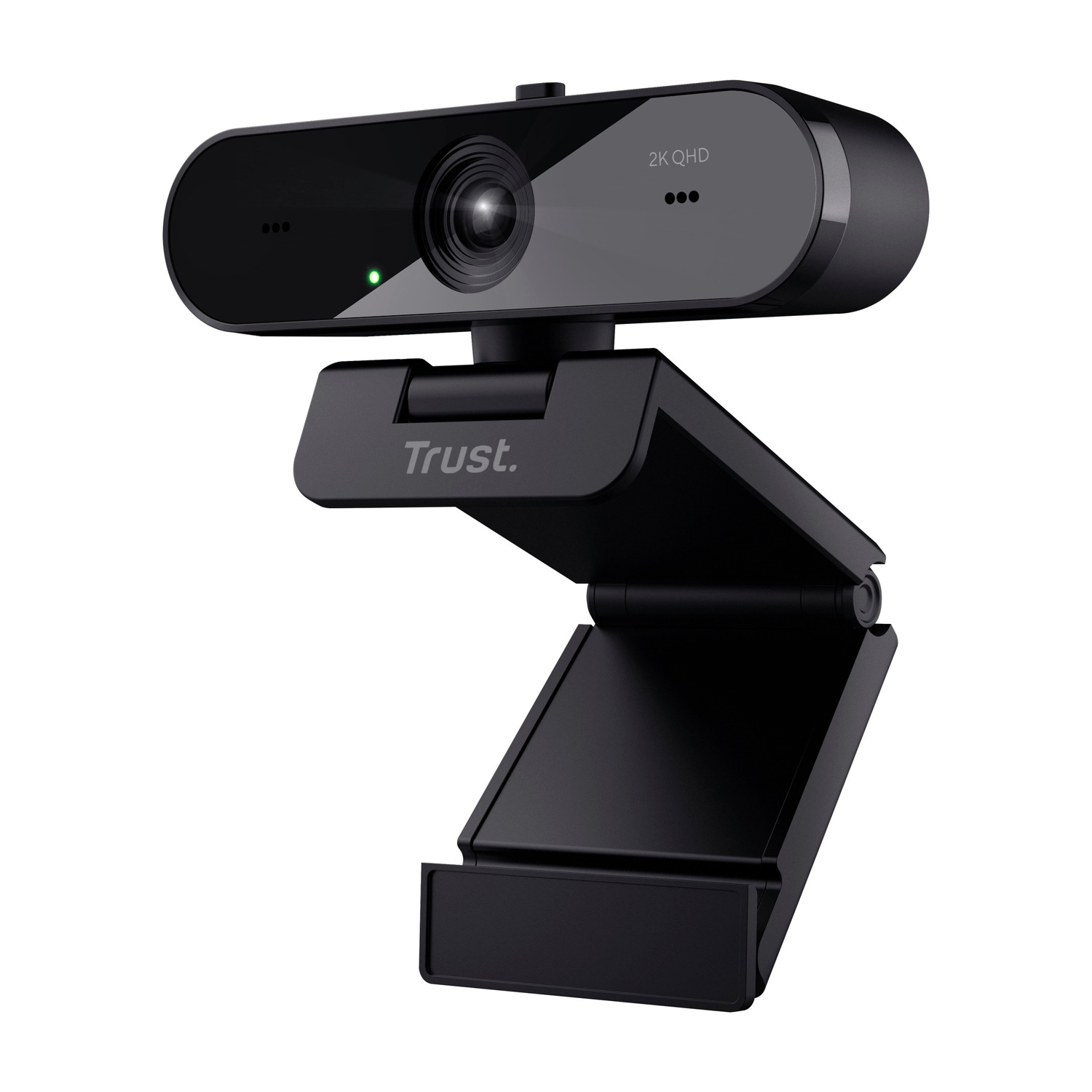 Webcam nera con supporto, angolata, rivolta in avanti.