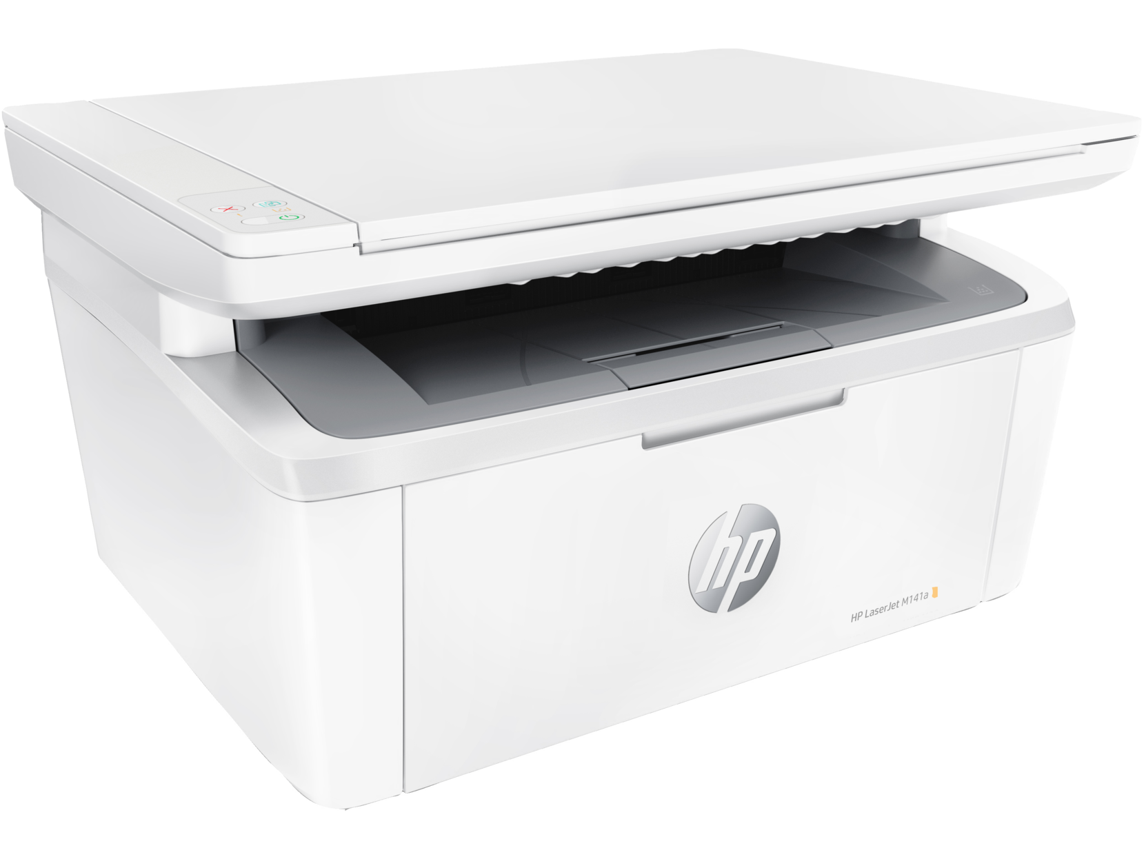 Beyaz HP lazer yazıcı, üst kısmı içini göstermek için açık, siyah bir arka plan üzerinde.