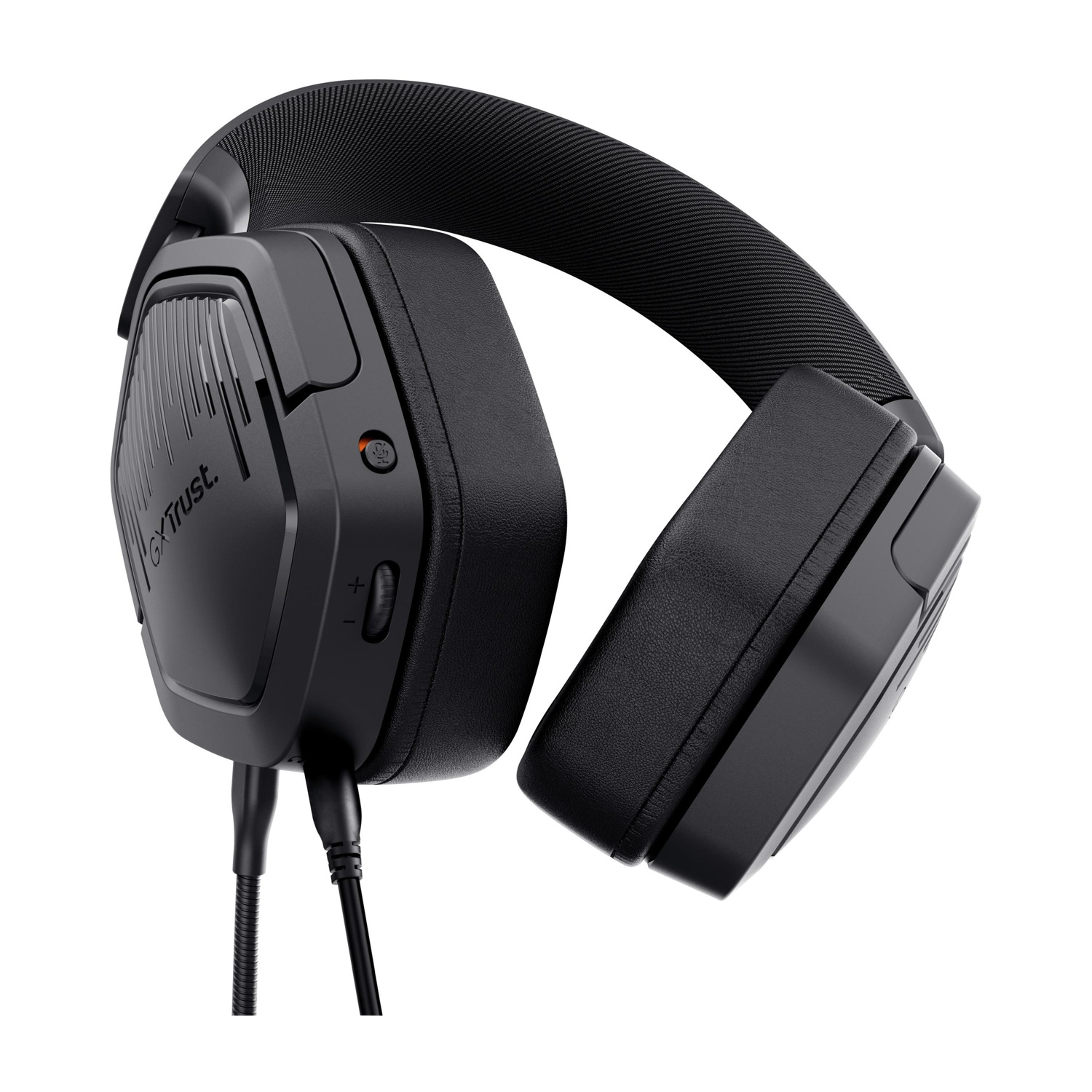 Una cuffia da gioco nera. È angolata verso lo spettatore. I padiglioni auricolari sono grandi.