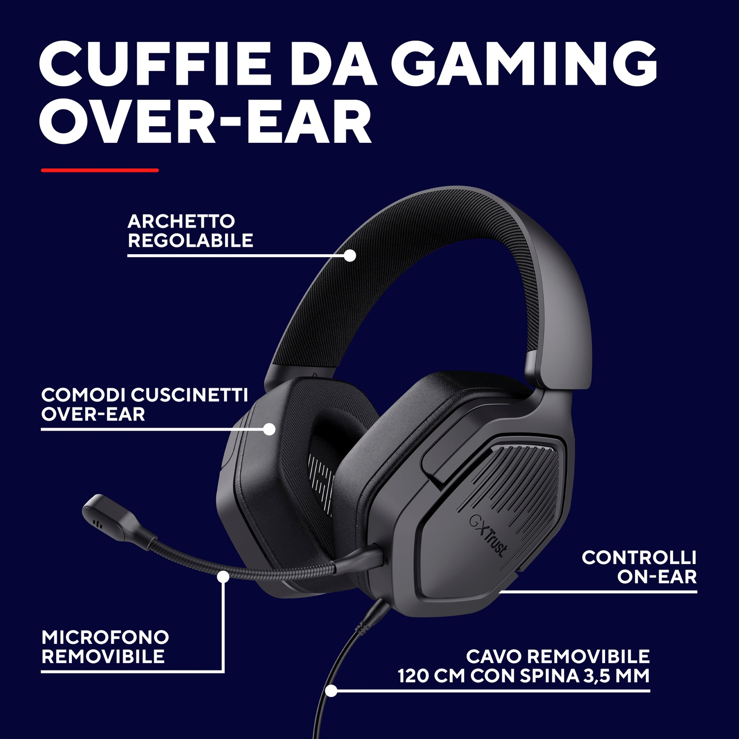 Cuffie da gaming nere con archetto regolabile, microfono e controlli on-ear.