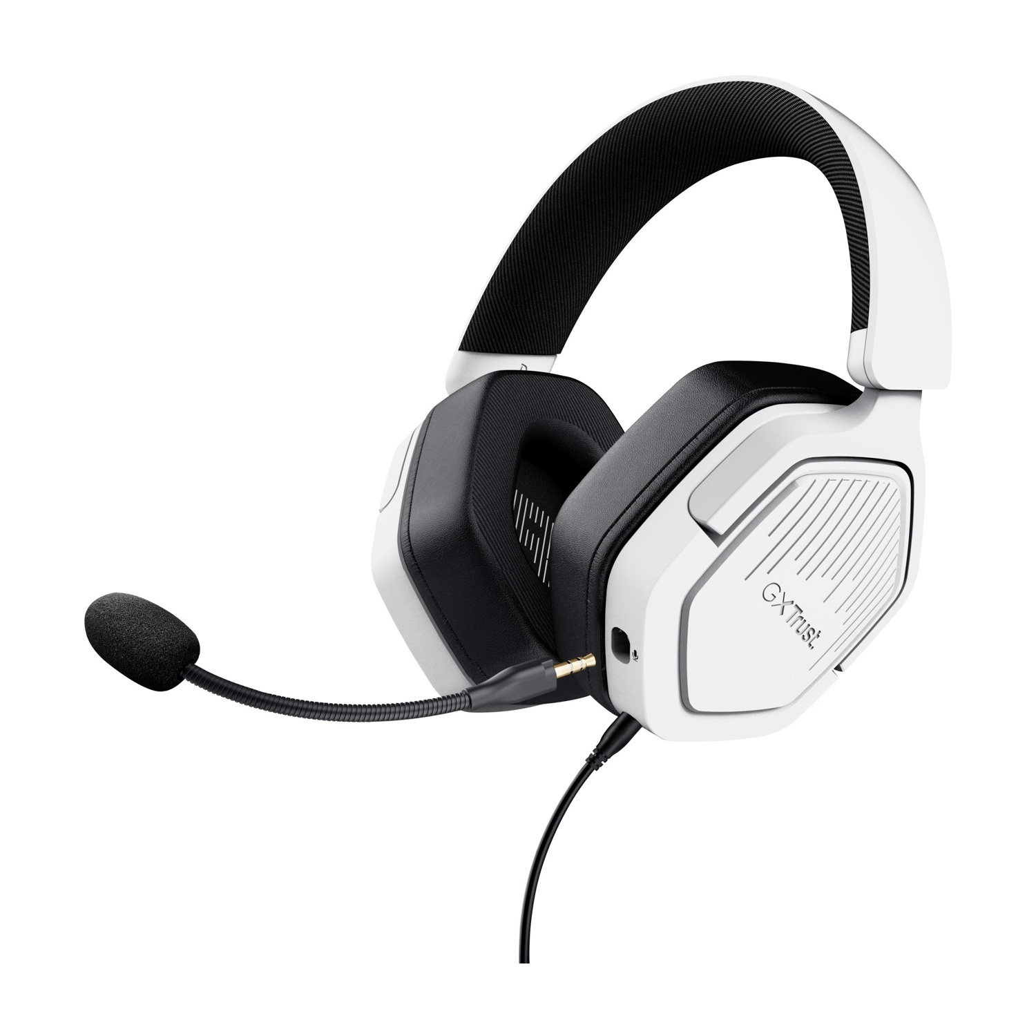 Cuffie da gioco bianche e nere con microfono, su sfondo bianco.