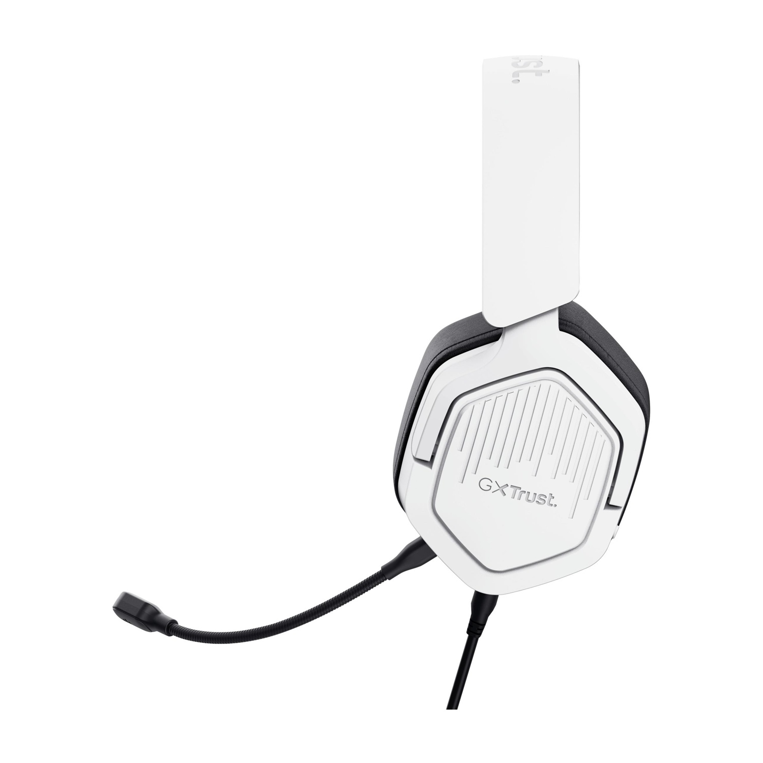 Cuffie da gioco bianche con microfono su sfondo bianco.