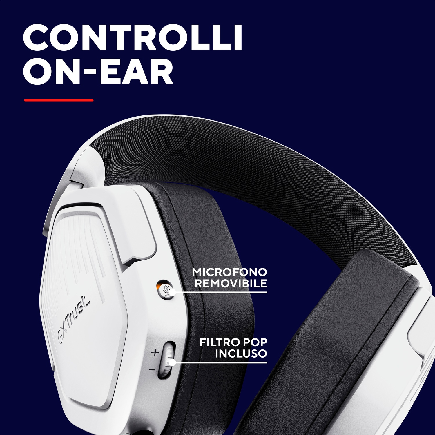 Primo piano di cuffie da gioco bianche con controlli on-ear e microfono rimovibile.