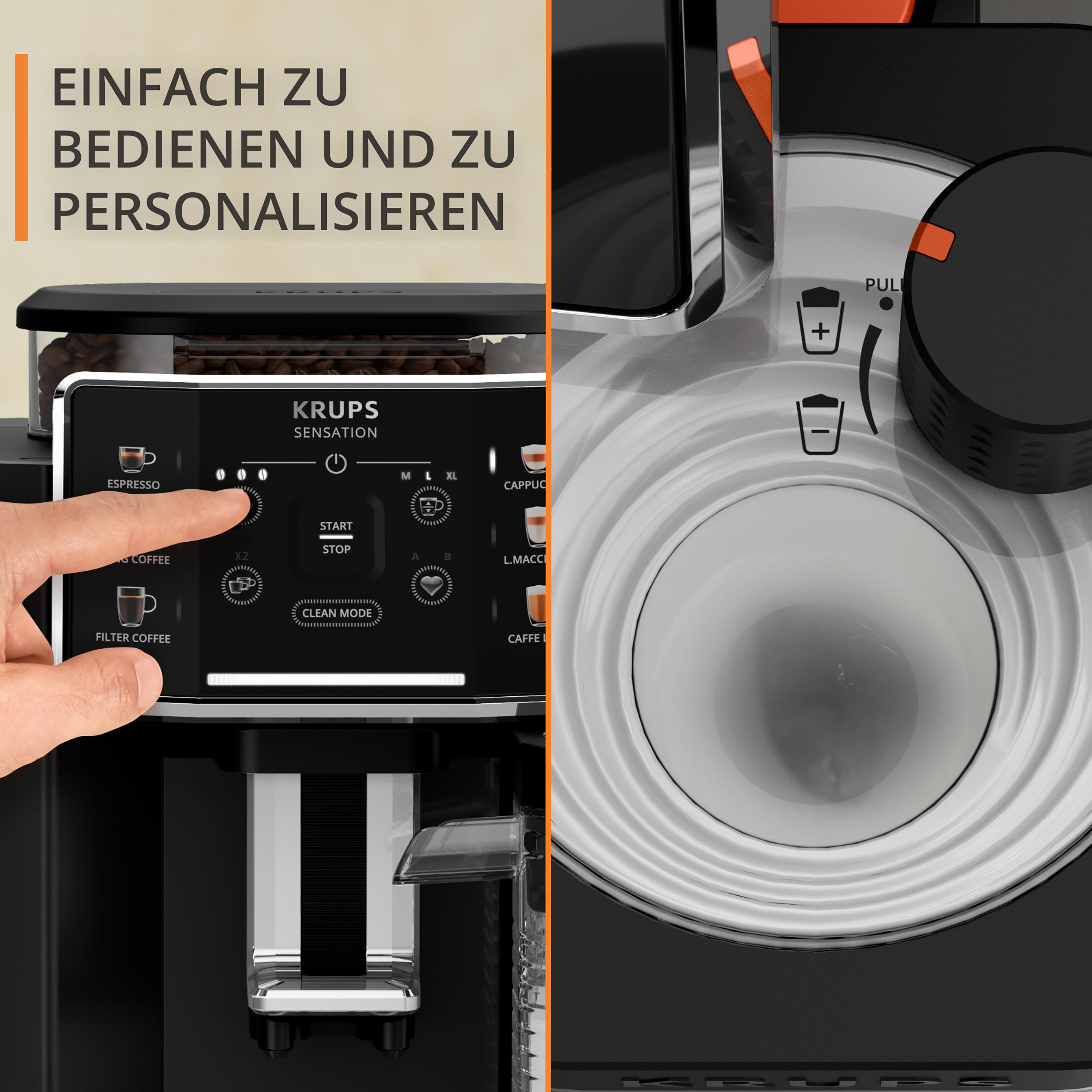 Nahaufnahme einer Kaffeemaschine mit Hand, die einen Knopf drückt, Bedienfeld zeigend.