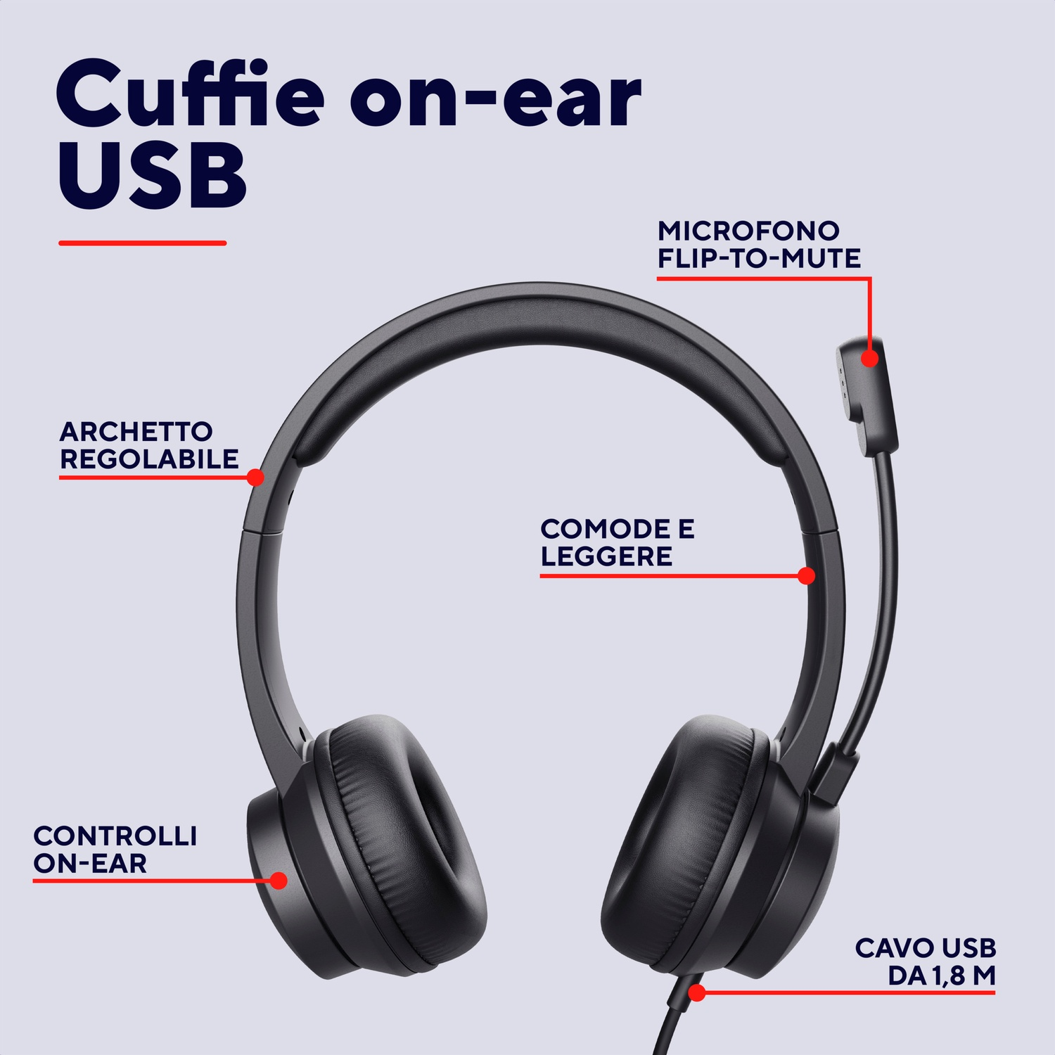 Cuffie USB on-ear nere con etichette: archetto regolabile, controlli, cavo USB.