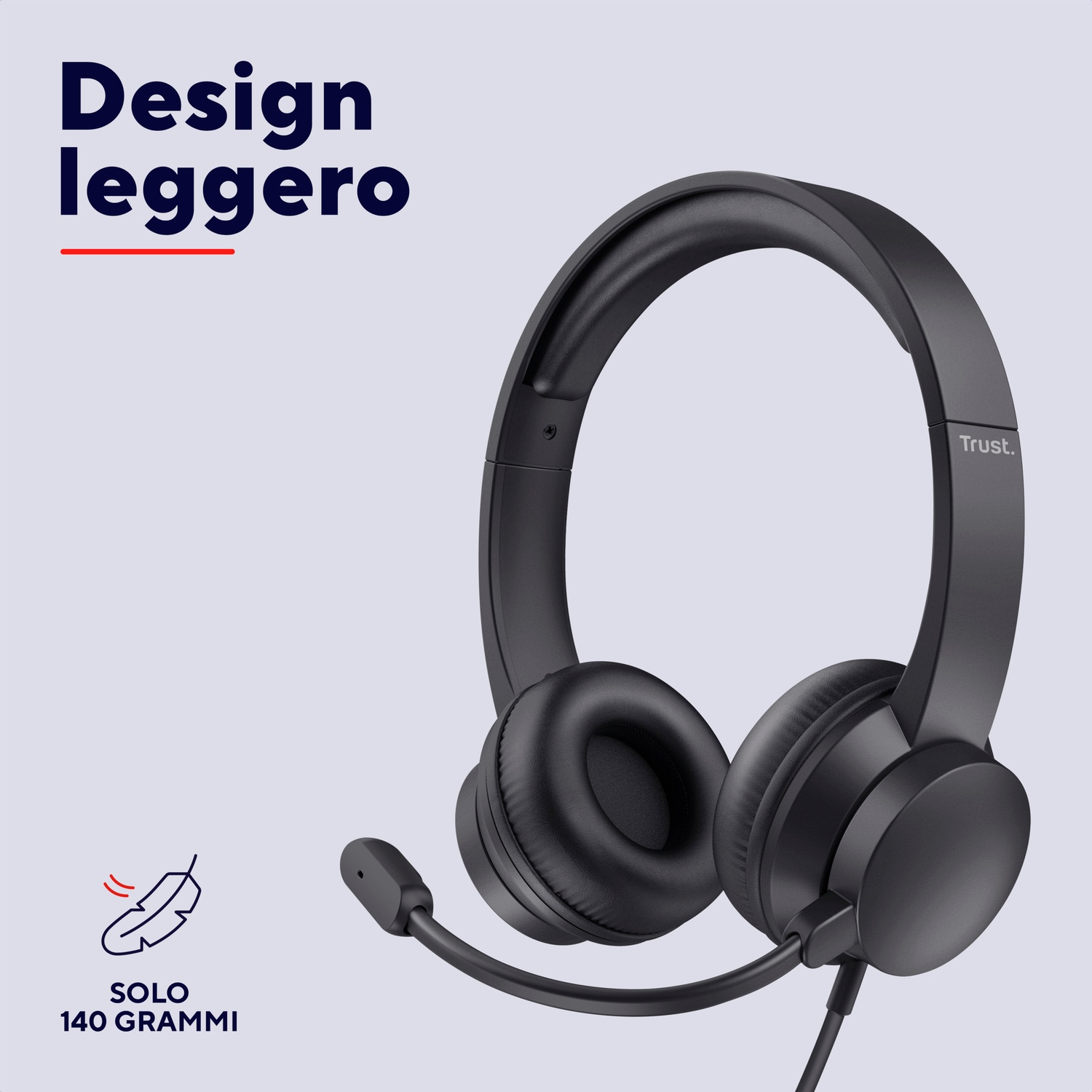 Cuffie nere con microfono, design leggero. Il marchio 'Trust' è sull'auricolare destro.